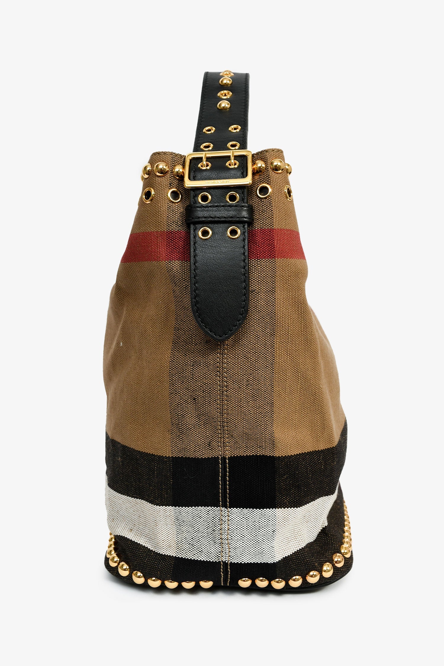 Burberry Brown/Black Linen/Leather Novacheck Studded Hobo Bag - Image 4