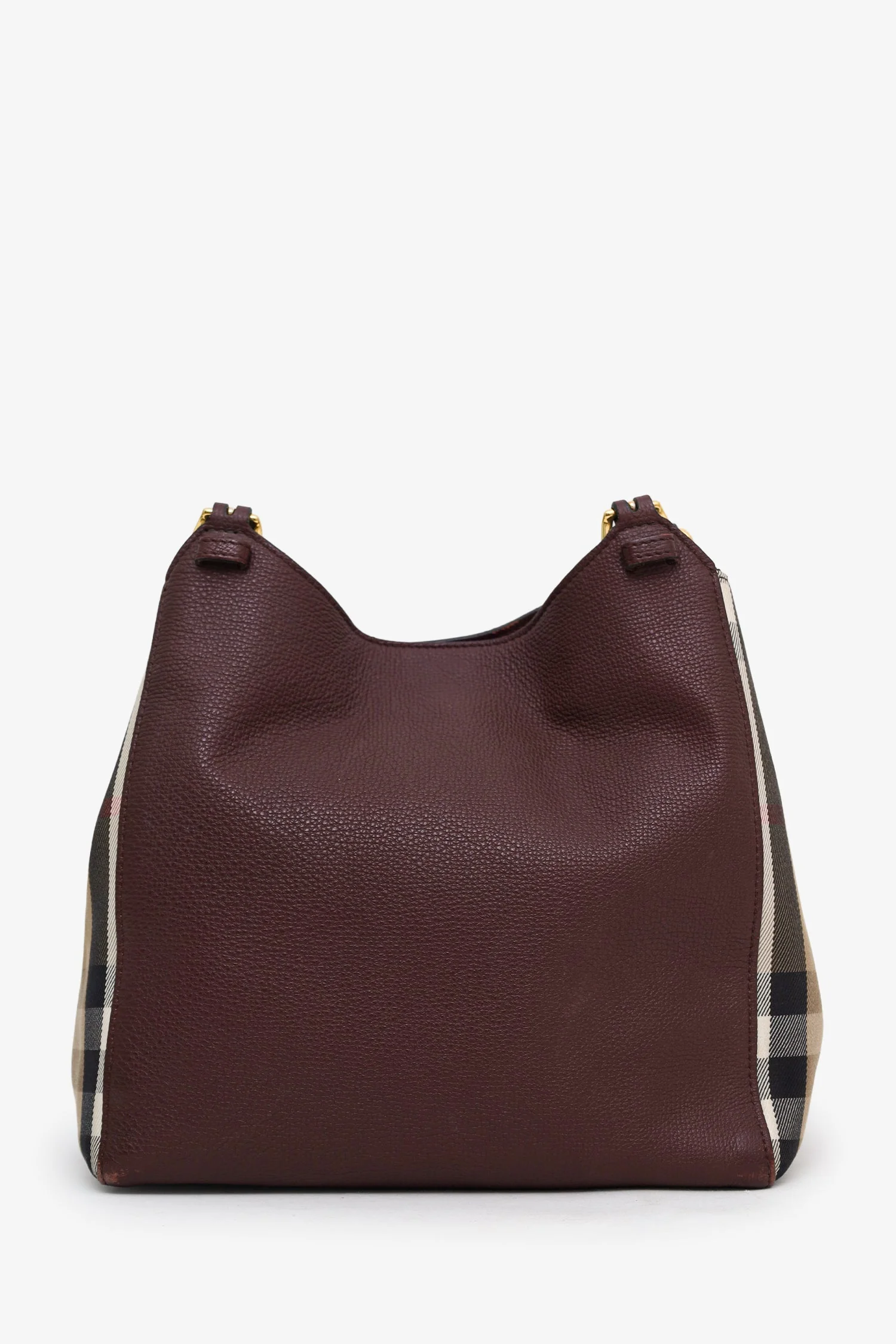 Burberry Burgundy/Beige Small Leather House Check Tote Bag - Image 2