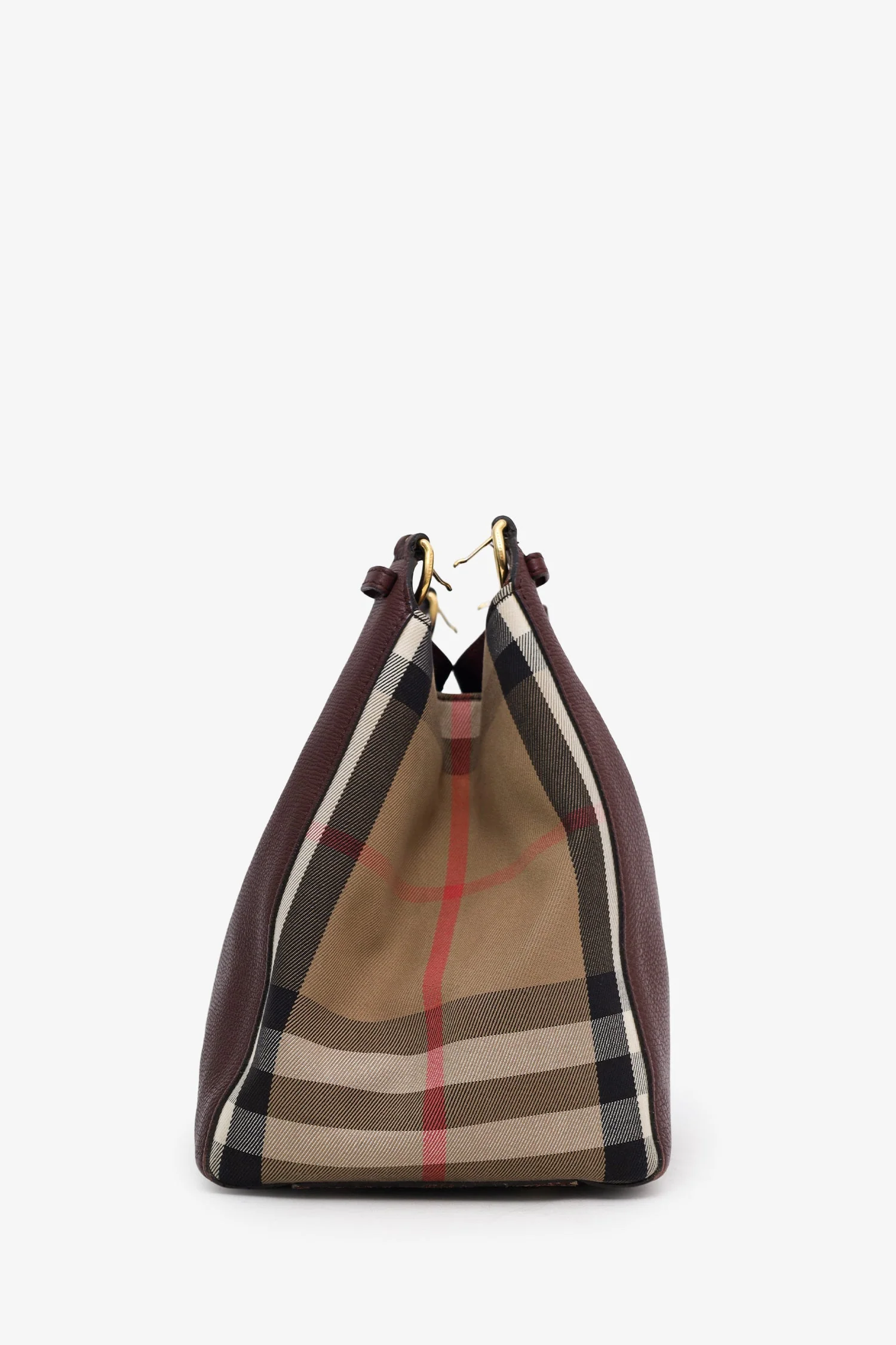 Burberry Burgundy/Beige Small Leather House Check Tote Bag - Image 3