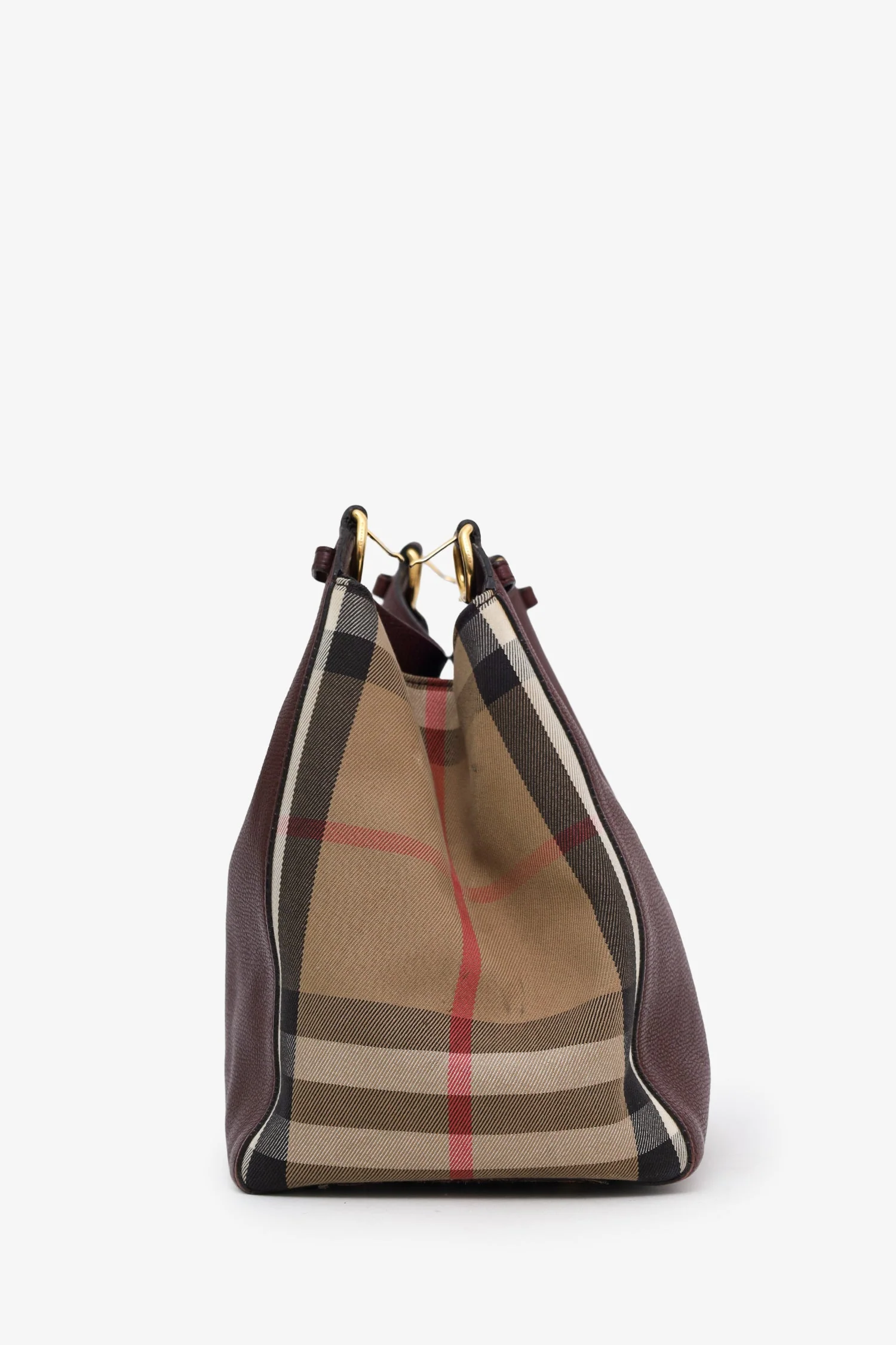 Burberry Burgundy/Beige Small Leather House Check Tote Bag - Image 4