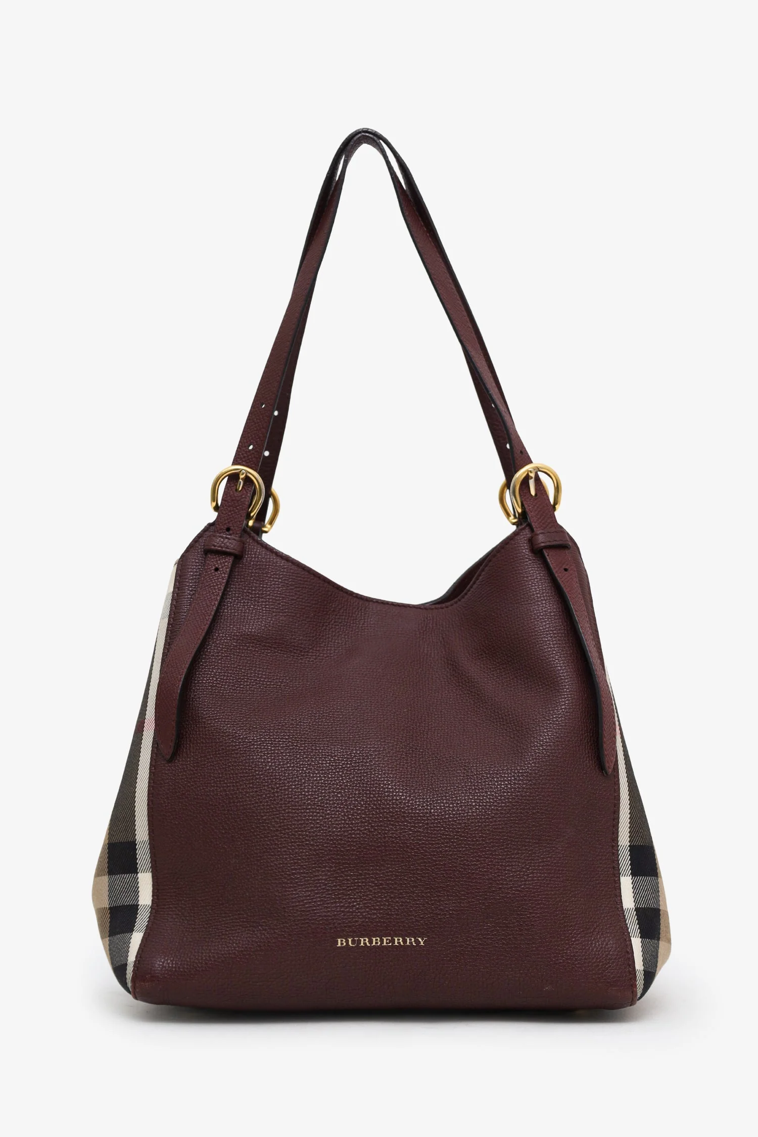 Burberry Burgundy/Beige Small Leather House Check Tote Bag - Image 6