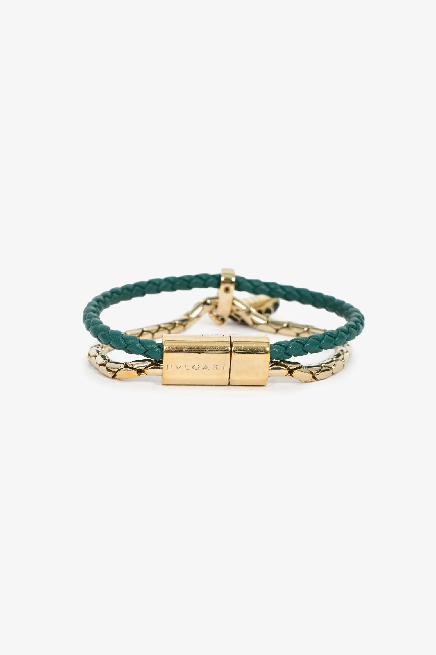 Bvlgari Gold Plated/Green Leather Serpenti Forever Bracelet - Image 4