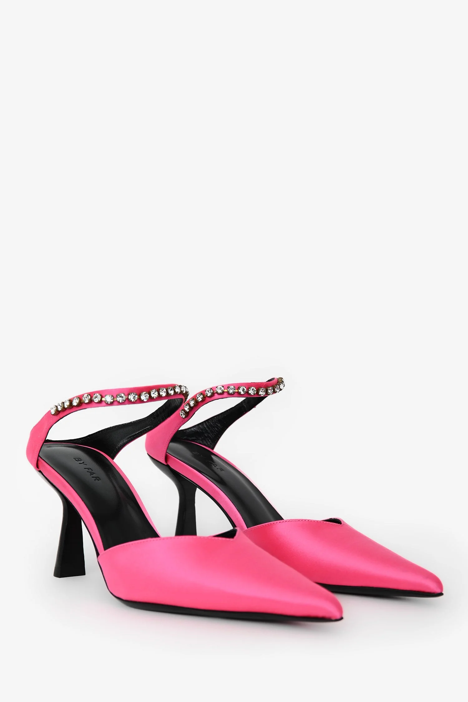 By Far Neon Pink Crystal Embellished 'Alla' Silk Satin Mules Size 37 - Image 2