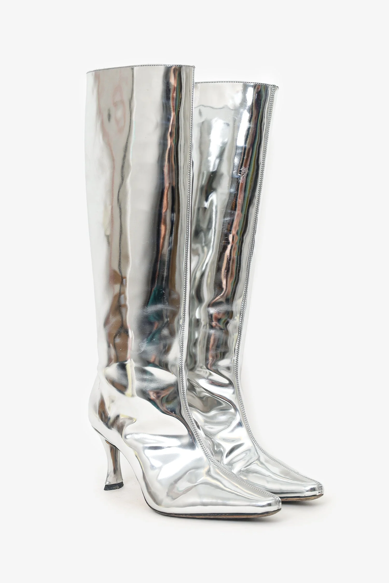 By Far Silver Leather Knee High Pointed Boots Size 38 - Image 2