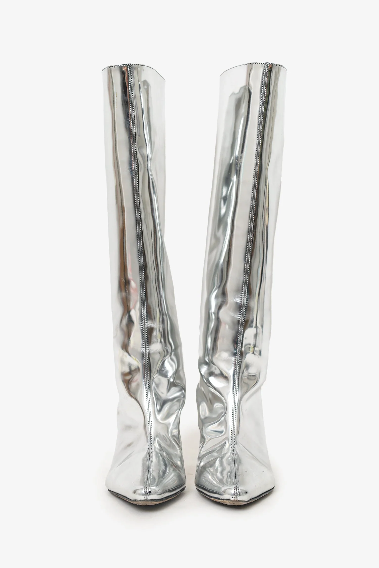 By Far Silver Leather Knee High Pointed Boots Size 38 - Image 3