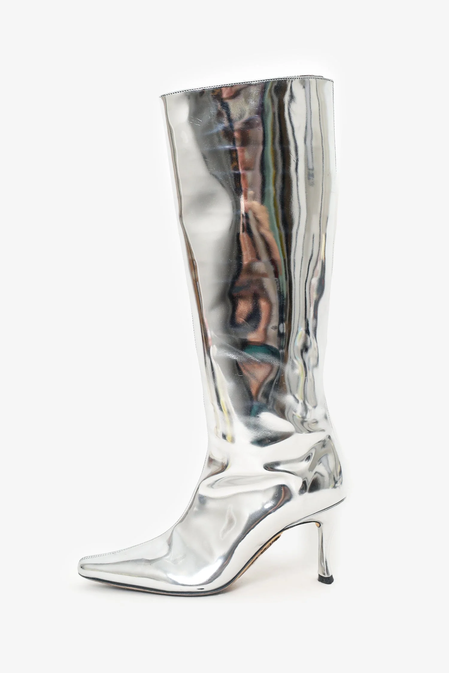 By Far Silver Leather Knee High Pointed Boots Size 38 - Image 4