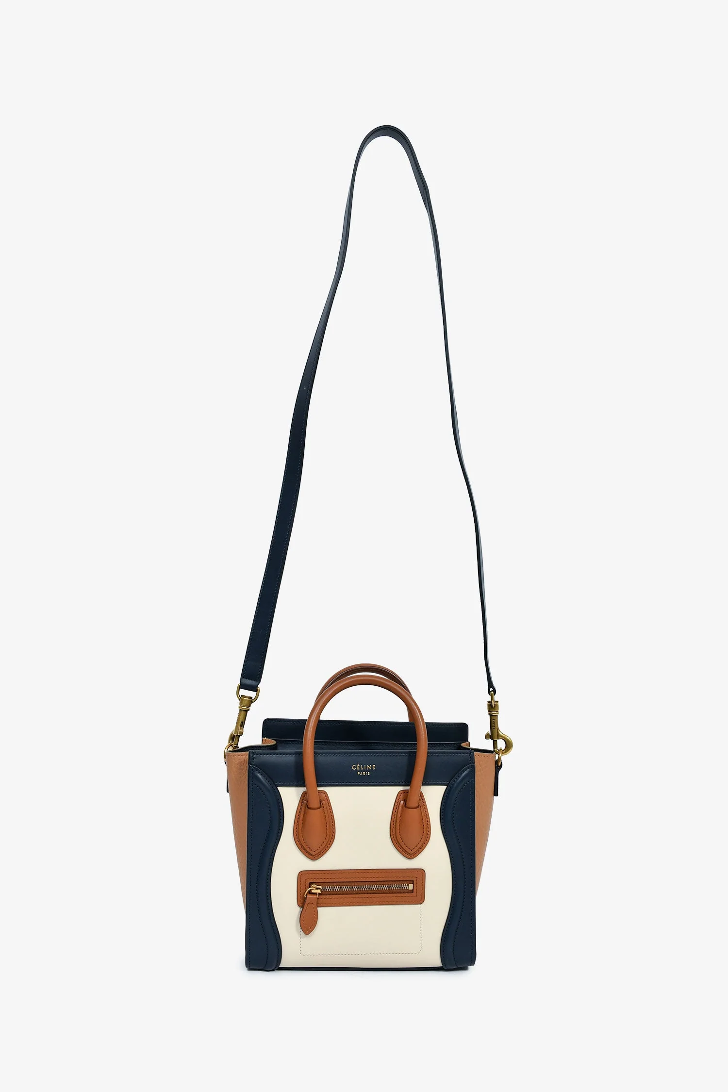 Celine 2015 Cream/Brown/Navy Blue Leather Tricolour Nano Luggage Tote - Image 7