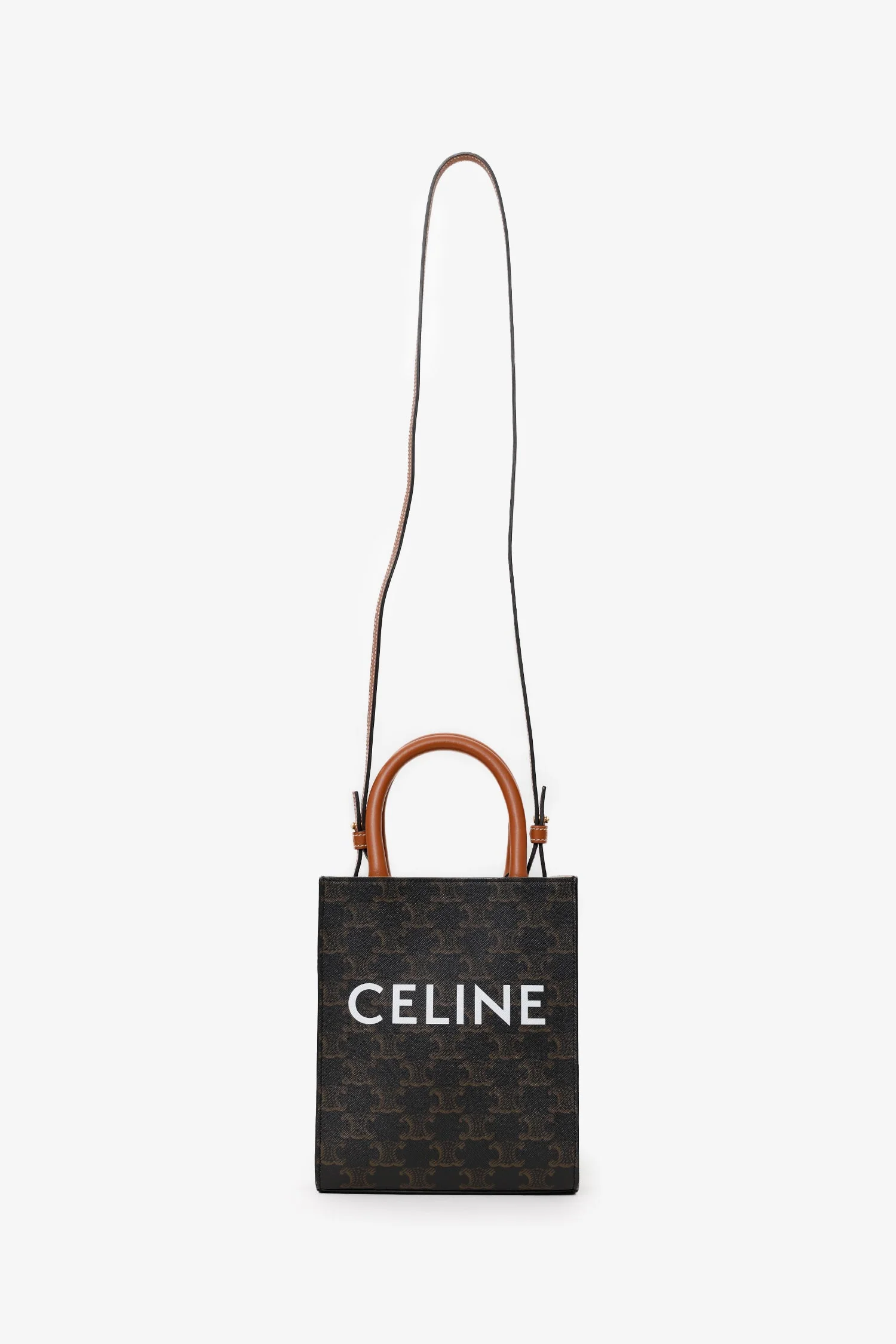 Celine 2021 Brown Canvas/Leather Mini Triomphe Vertical Cabas Tote With Strap - Image 7