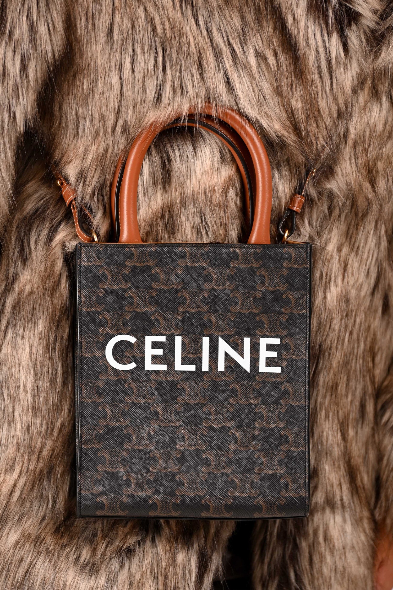 Celine 2021 Brown Canvas/Leather Mini Triomphe Vertical Cabas Tote with Strap - Image 10