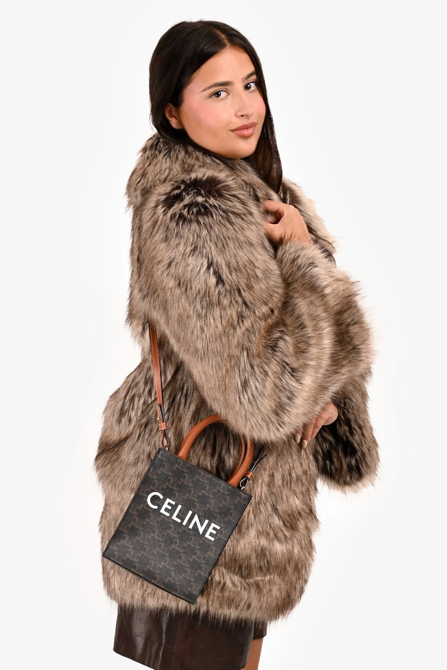 Celine 2021 Brown Canvas/Leather Mini Triomphe Vertical Cabas Tote with Strap - Image 11