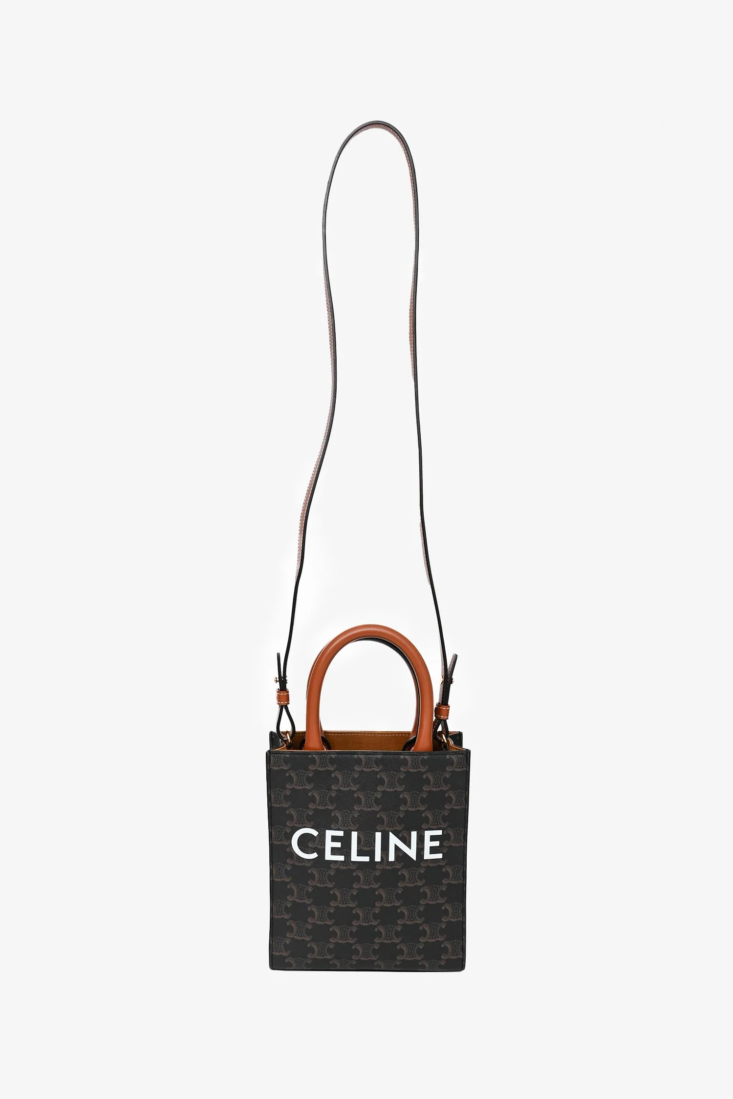 Celine 2021 Brown Canvas/Leather Mini Triomphe Vertical Cabas Tote with Strap - Image 8