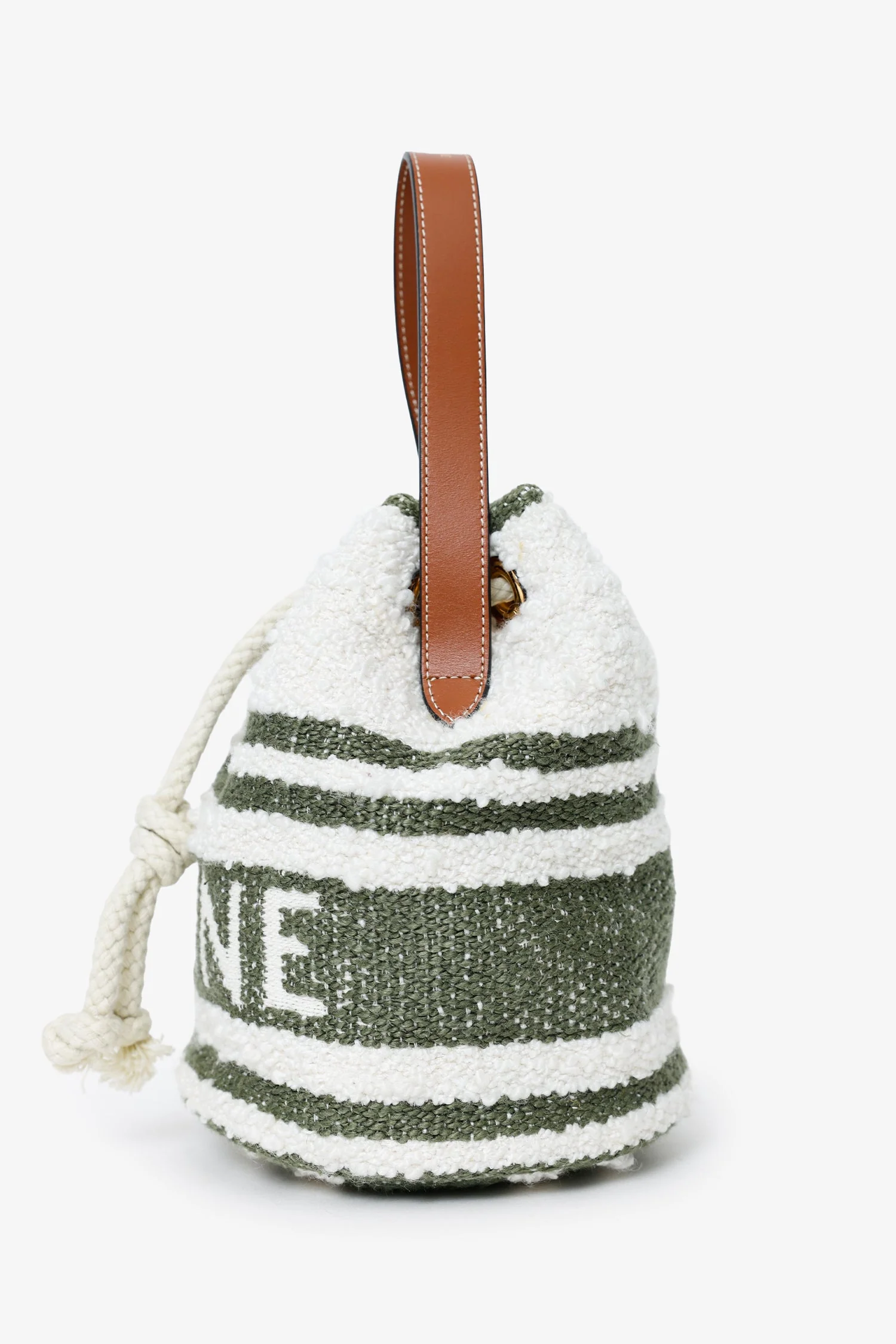 Celine 2022 Green/White Terry Cloth Teen Drawstring Plein Soleil Bucket Bag - Image 4
