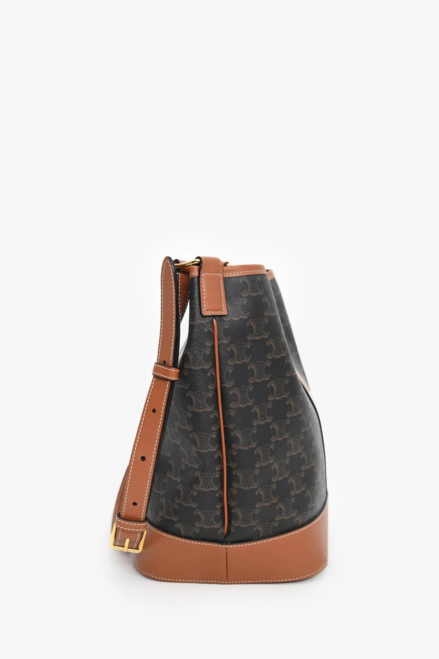 Celine Brown Canvas/Leather Triomphe Medium Bucket Bag - Image 3