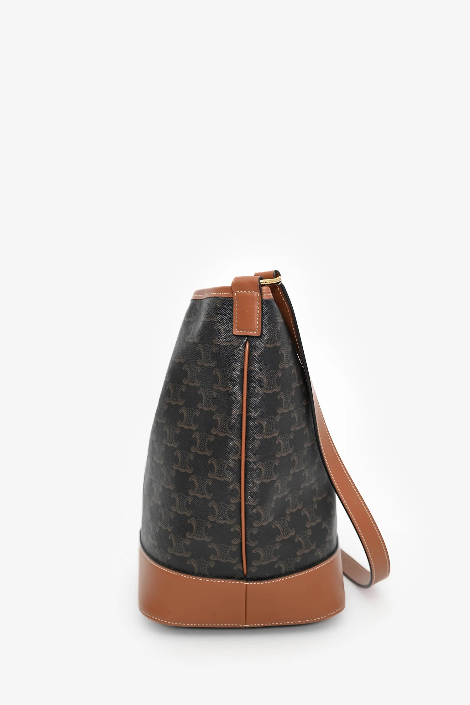 Celine Brown Canvas/Leather Triomphe Medium Bucket Bag - Image 4