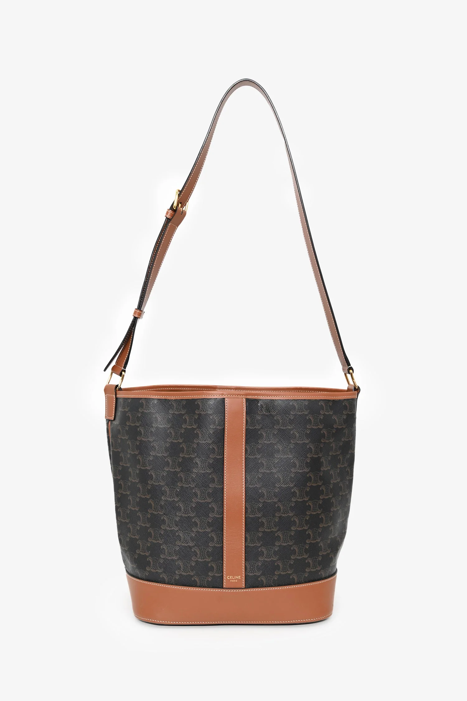 Celine Brown Canvas/Leather Triomphe Medium Bucket Bag - Image 7