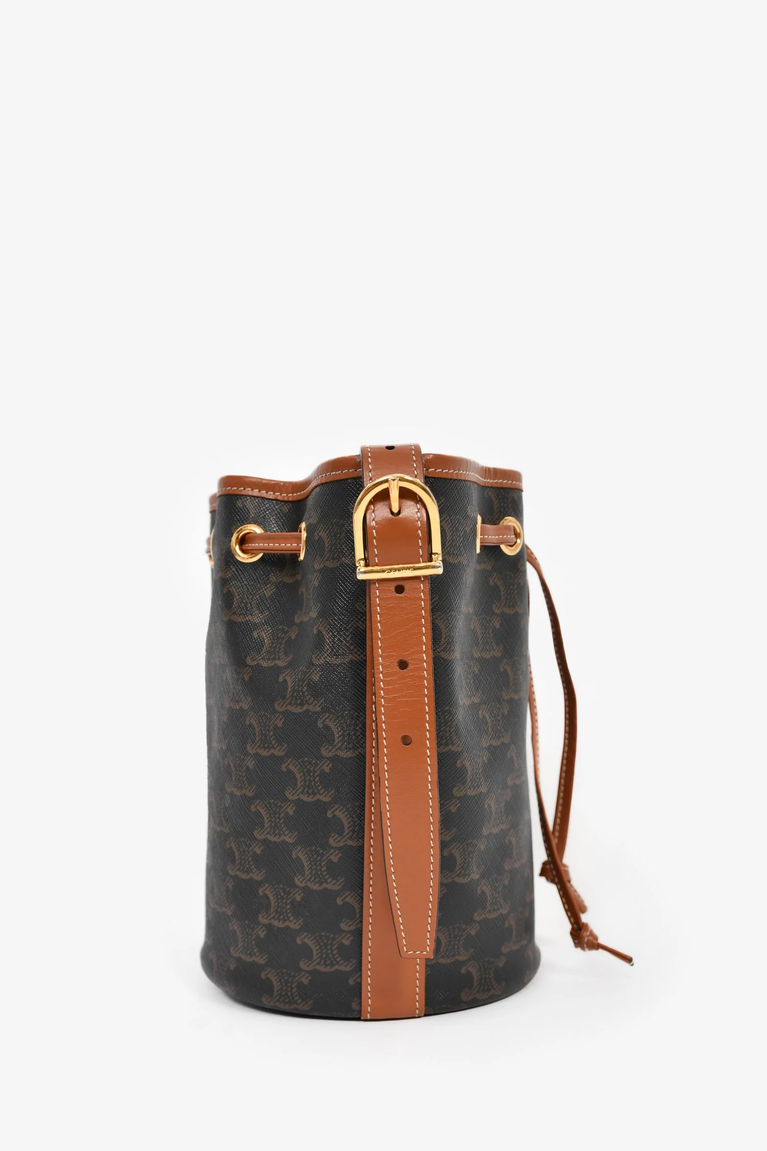 Celine Brown Triomphe Monogram Canvas Small Drawstring Bucket Bag - Image 3