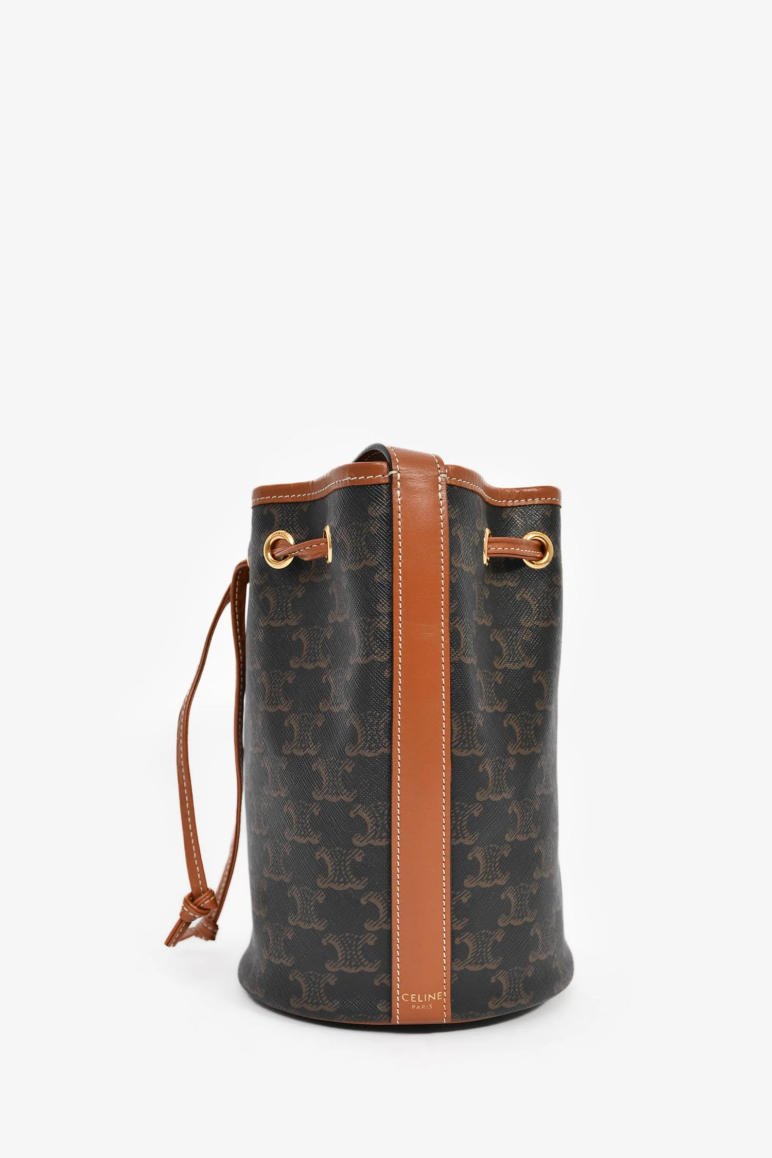 Celine Brown Triomphe Monogram Canvas Small Drawstring Bucket Bag - Image 4