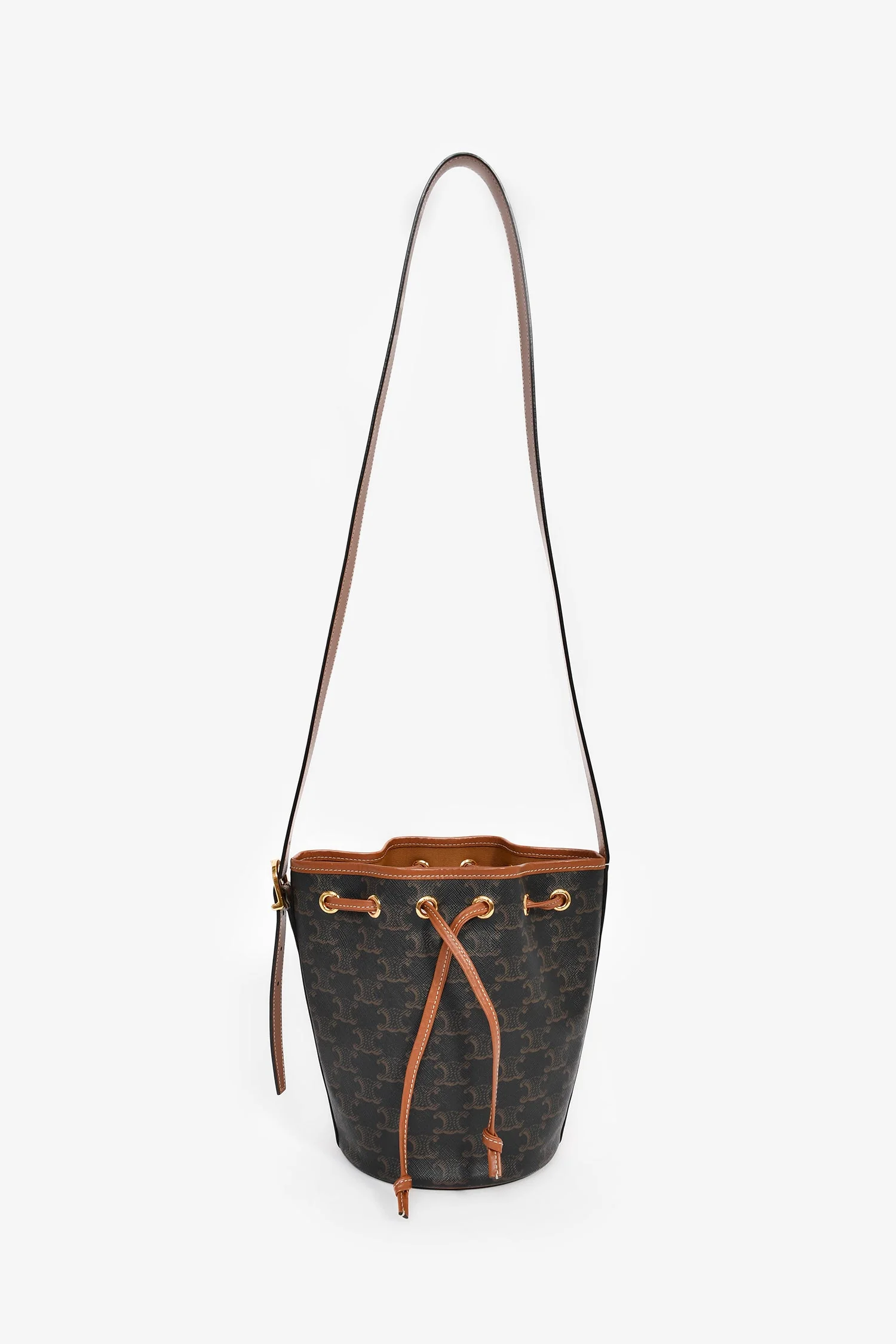 Celine Brown Triomphe Monogram Canvas Small Drawstring Bucket Bag - Image 8