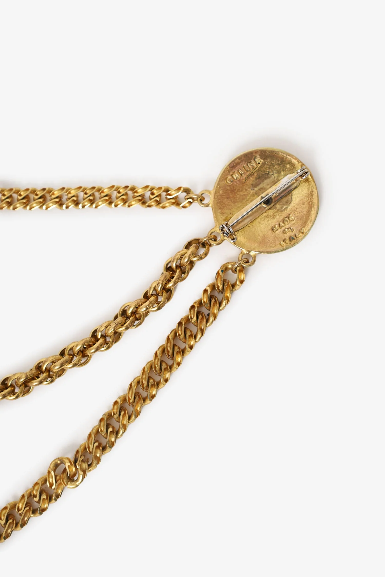 Celine Gold Tone Multi Chain Two Coin Brooch - Image 5