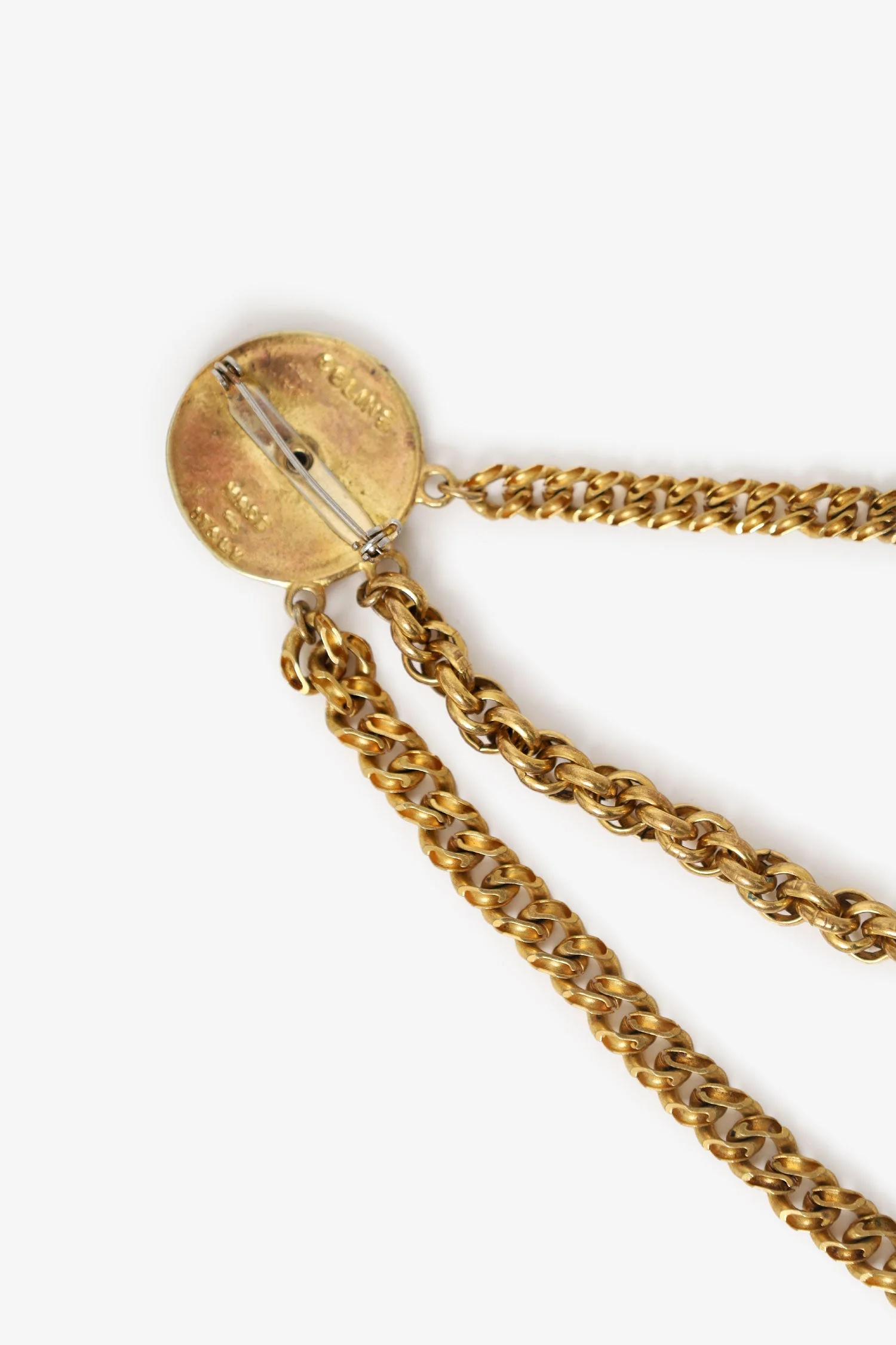 Celine Gold Tone Multi Chain Two Coin Brooch - Image 6