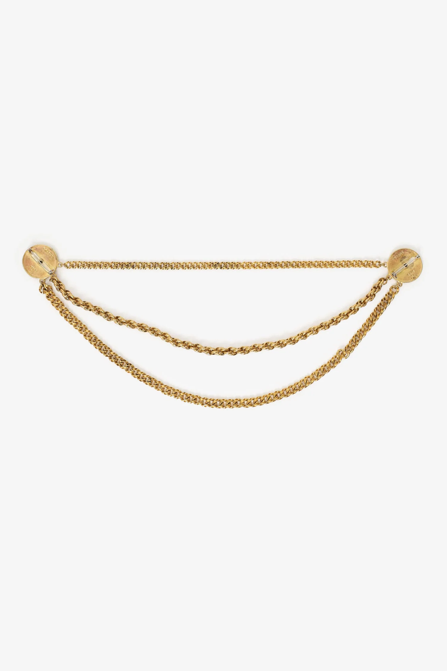 Celine Gold Tone Multi Chain Two Coin Brooch - Image 7
