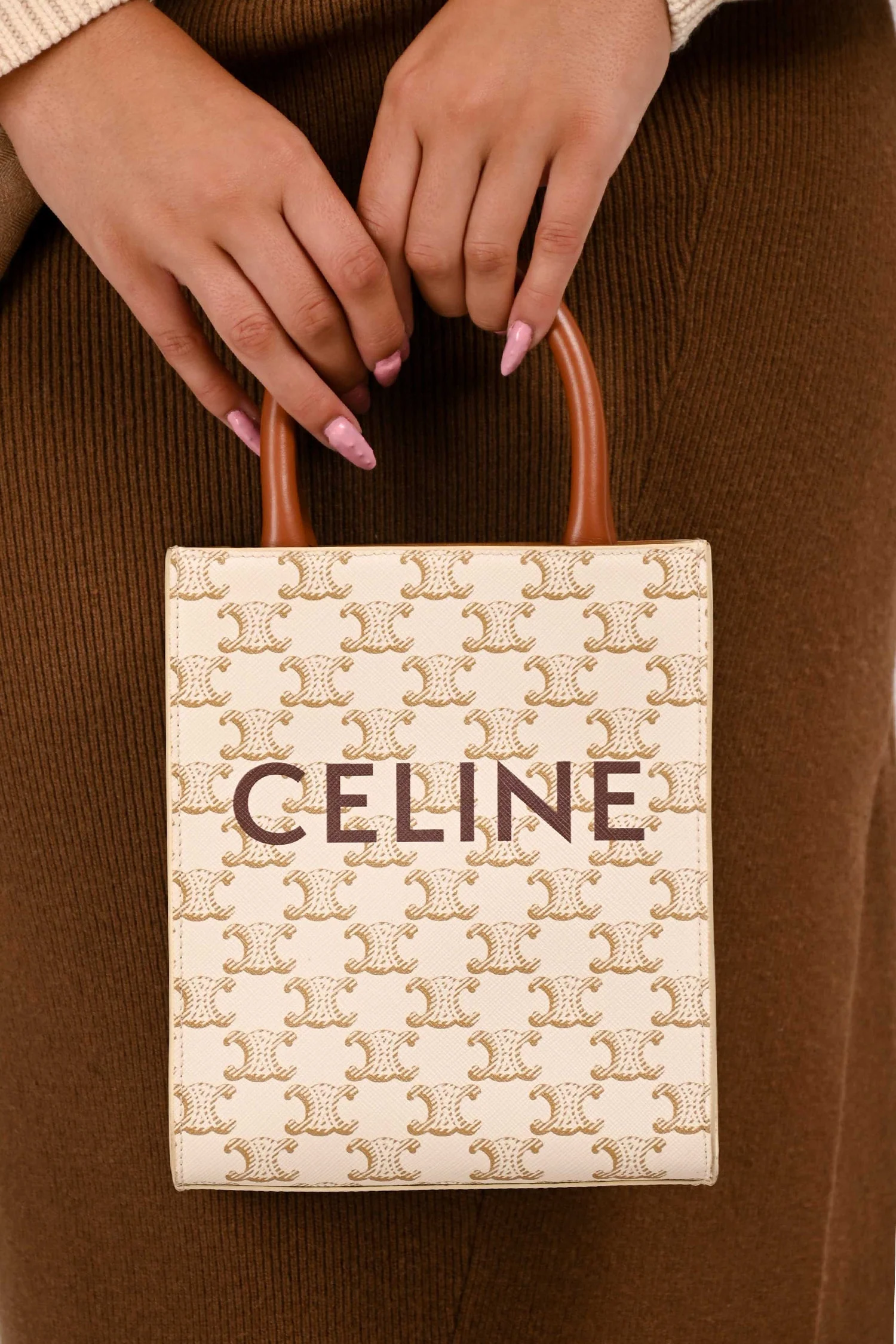 Celine White/Brown Leather/Canvas Mini Triomphe Cabas Vertical Tote with Strap - Image 10