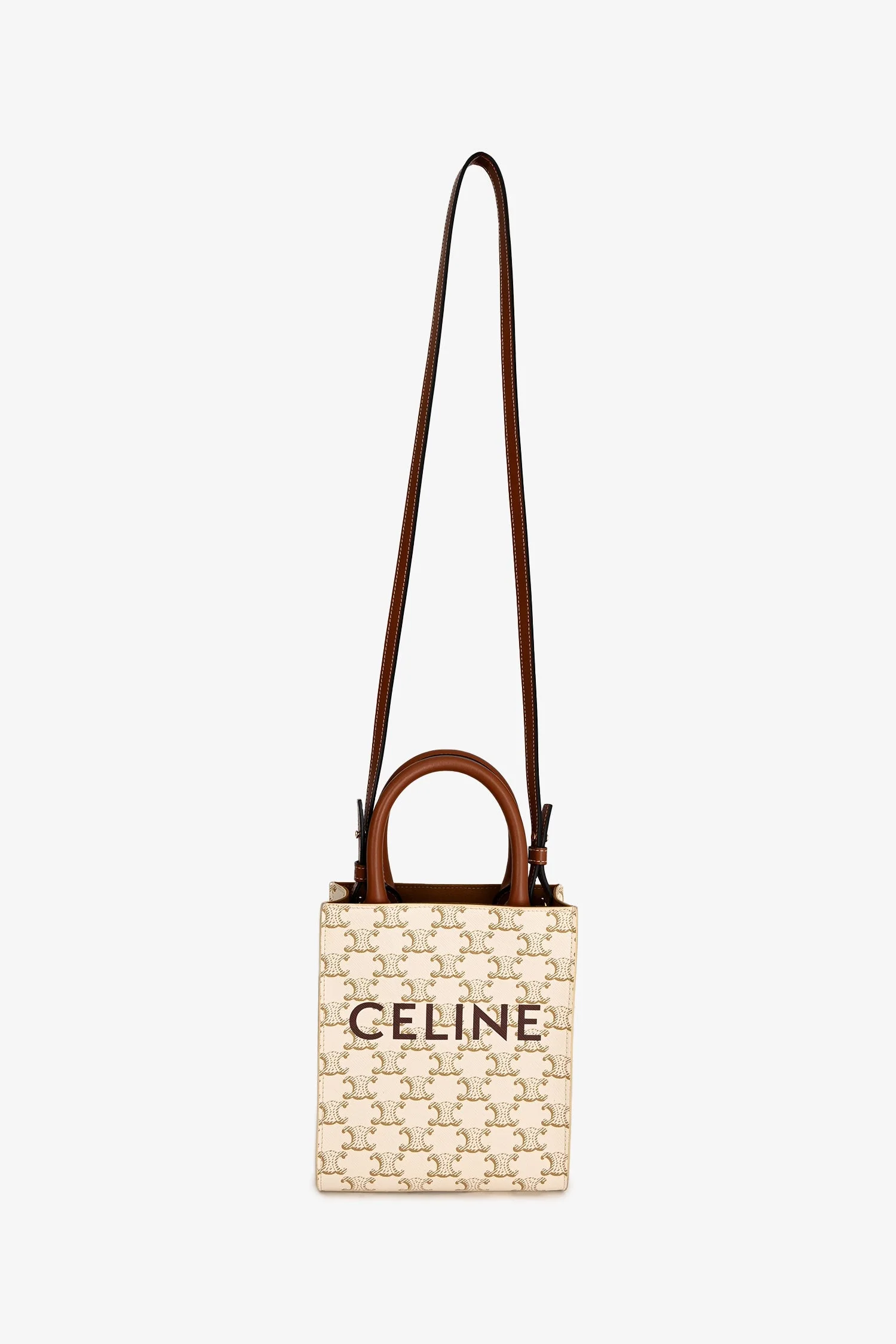 Celine White/Brown Leather/Canvas Mini Triomphe Cabas Vertical Tote with Strap - Image 7