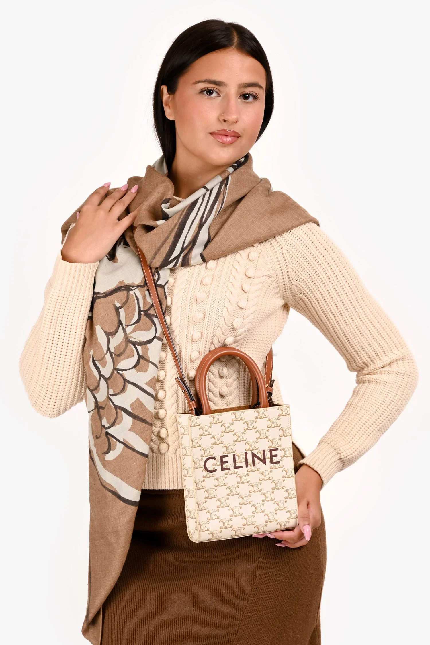 Celine White/Brown Leather/Canvas Mini Triomphe Cabas Vertical Tote with Strap - Image 8