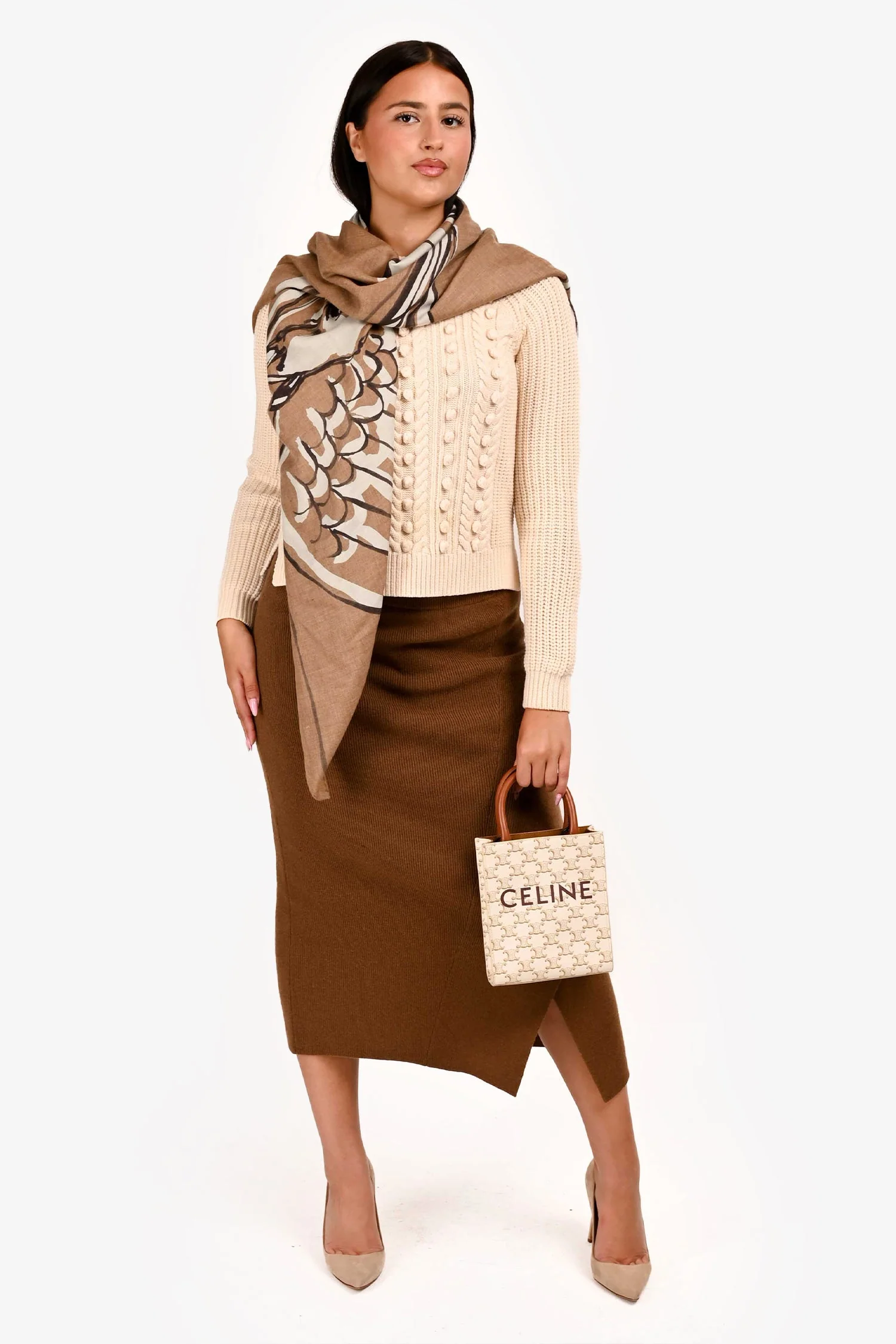 Celine White/Brown Leather/Canvas Mini Triomphe Cabas Vertical Tote with Strap - Image 9