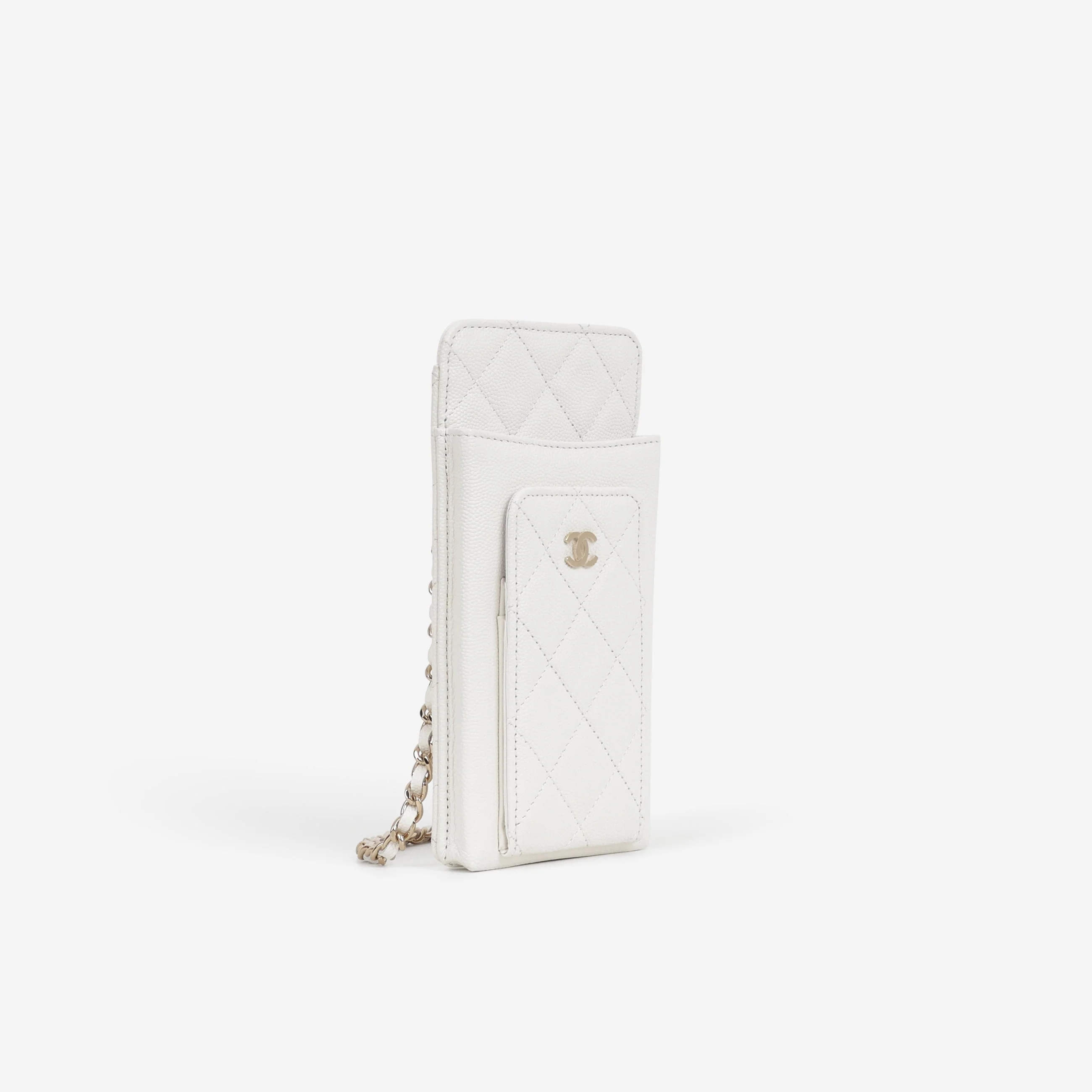 Chanel CC Phone Holder - White Caviar | Champagne Gold Hardware - Image 2