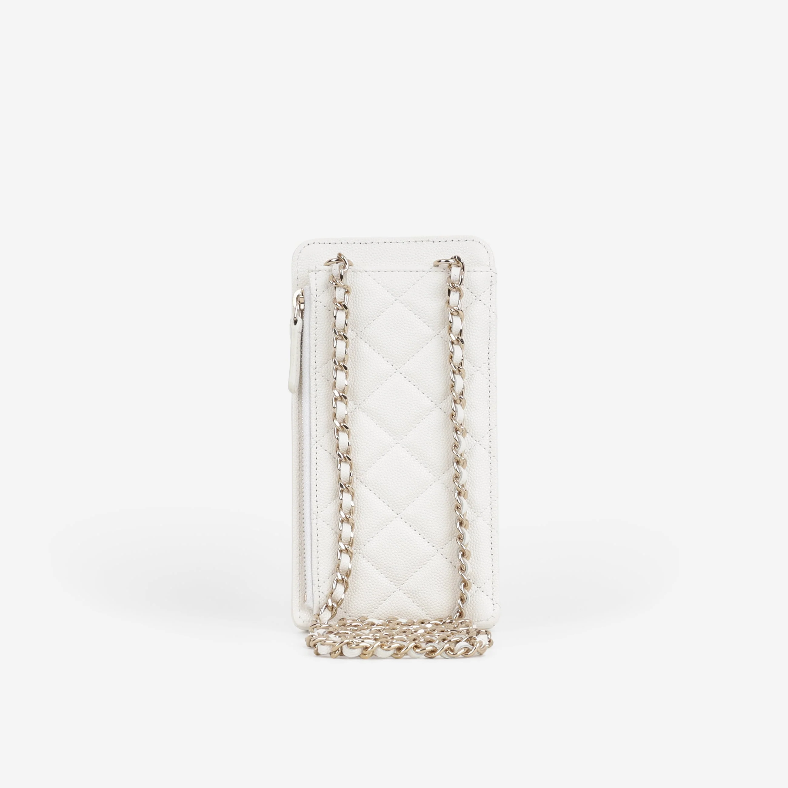 Chanel CC Phone Holder - White Caviar | Champagne Gold Hardware - Image 4
