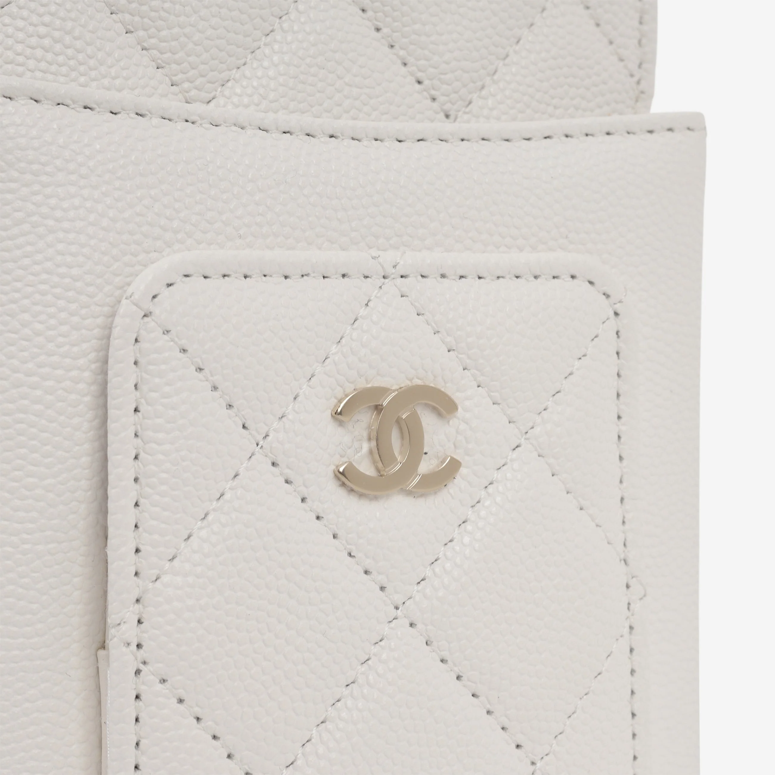 Chanel CC Phone Holder - White Caviar | Champagne Gold Hardware - Image 8