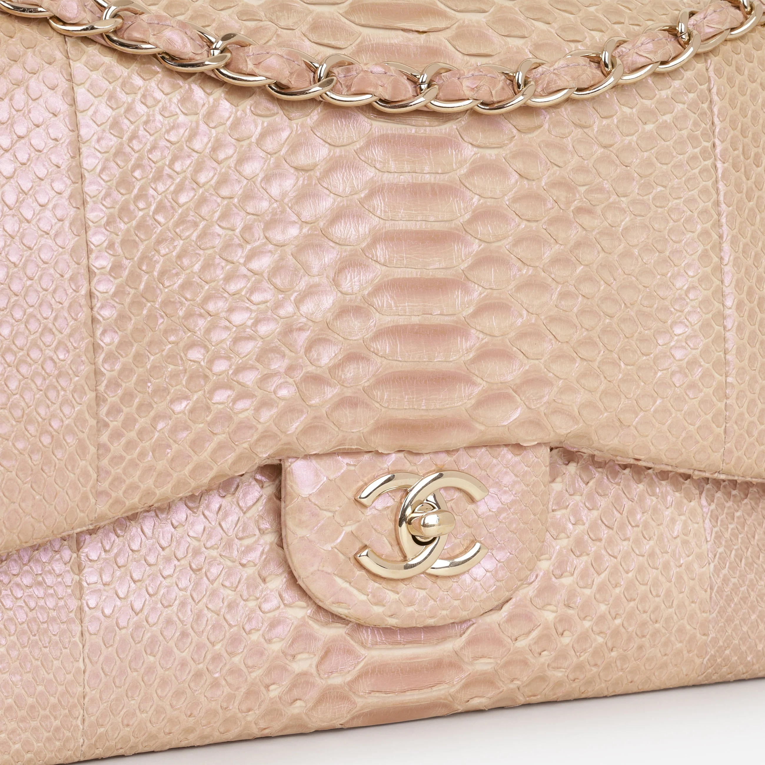 Chanel Classic Jumbo Double Flap - Iridescent Pink Pyhton | Champagne Gold Hardware - Image 12