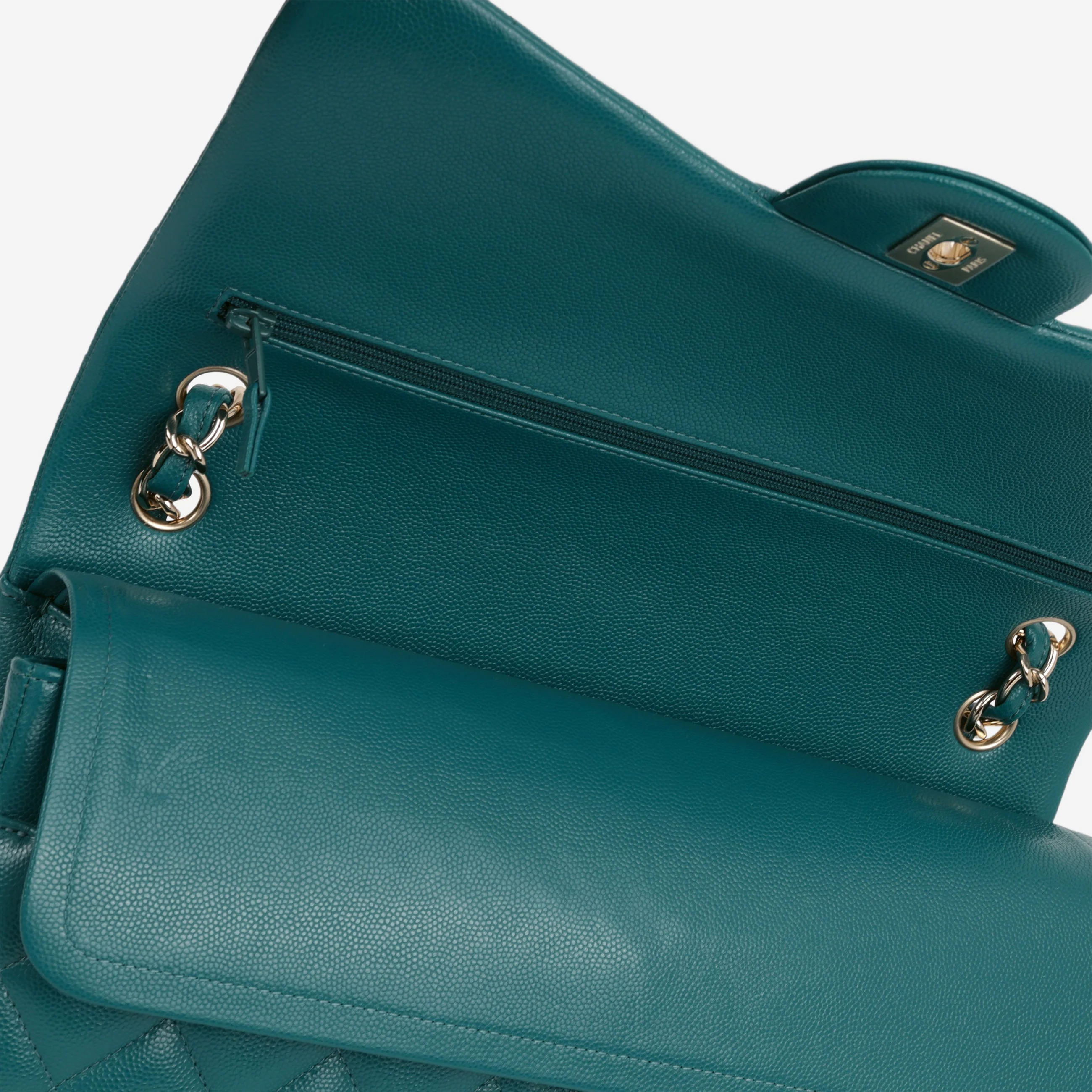 Chanel Classic Jumbo Double Flap - Teal Caviar | Champagne Gold Hardware - Image 4