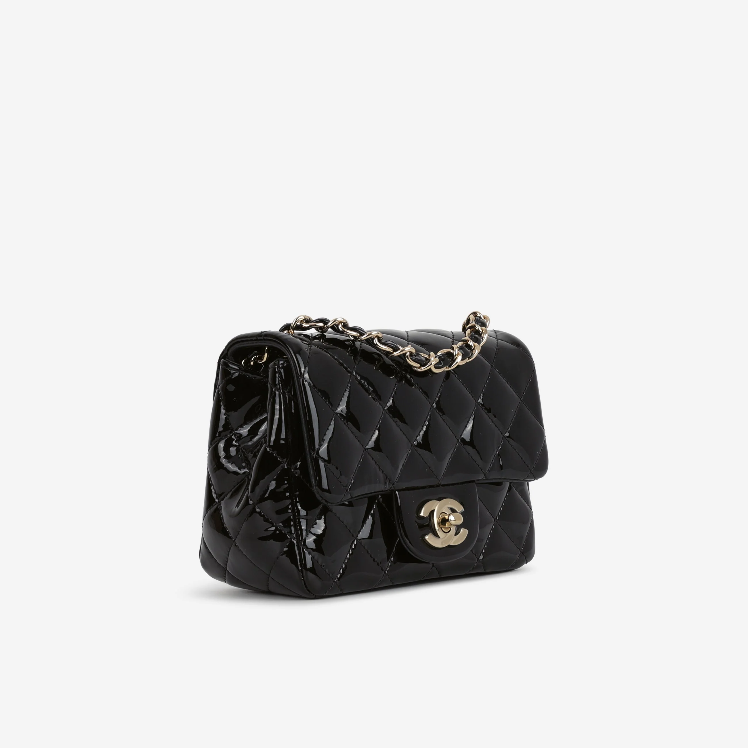 Chanel Classic Mini Flap Square - Black Patent | Champagne Gold Hardware - Image 2