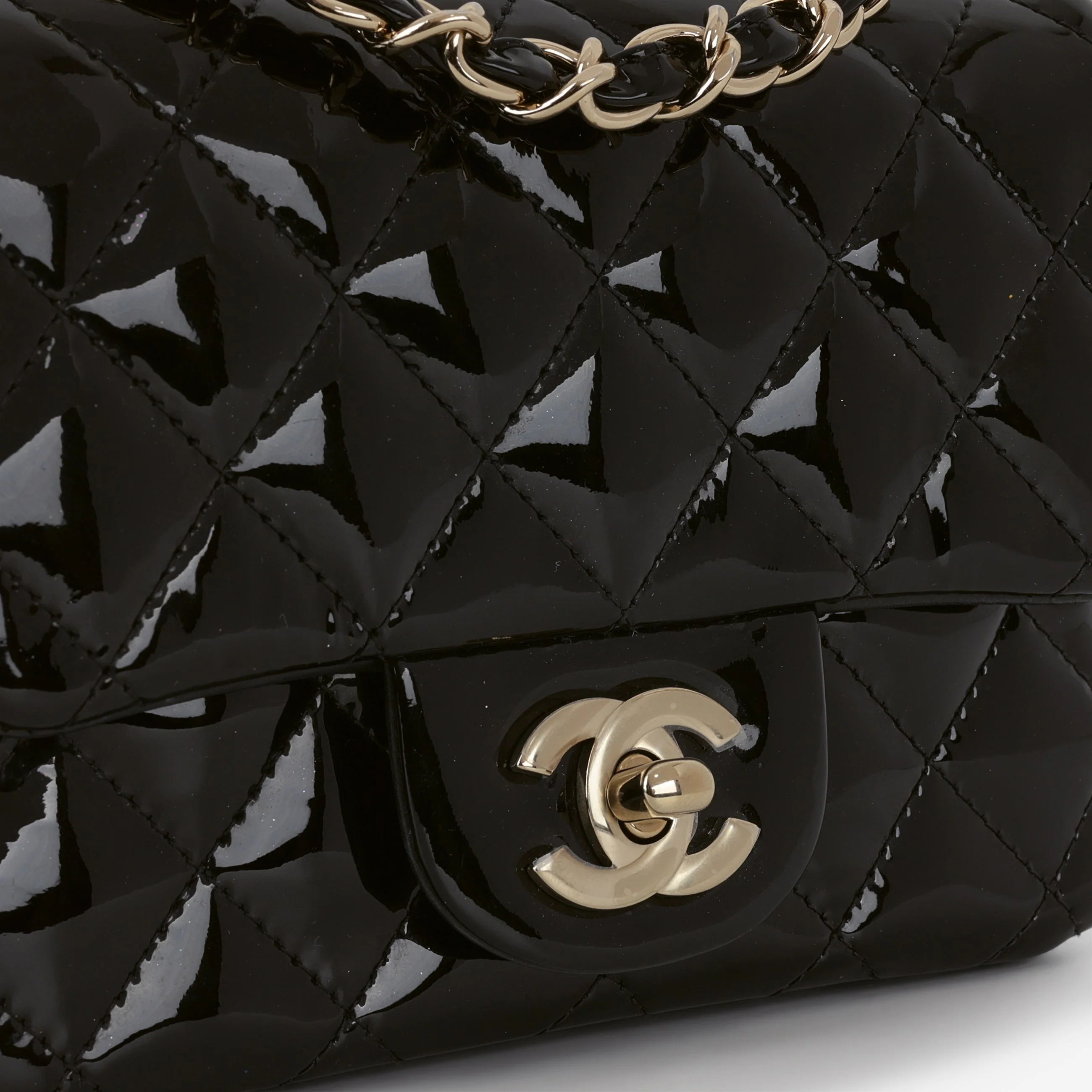 Chanel Classic Mini Flap Square - Black Patent | Champagne Gold Hardware - Image 8