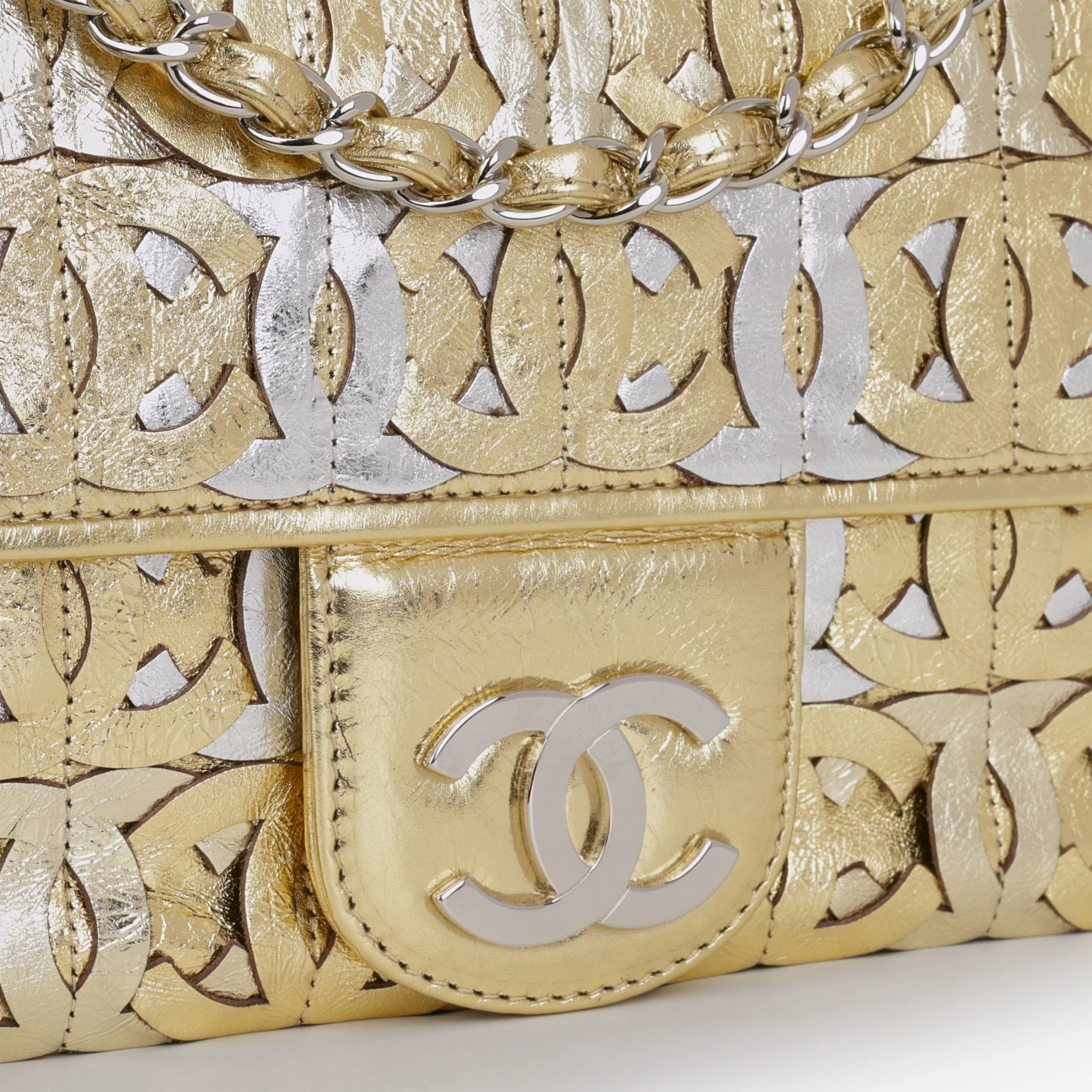 Chanel Chanel Laser Cut CC Flap - Silver / Gold Calfskin | Silver Hardware - Image 8