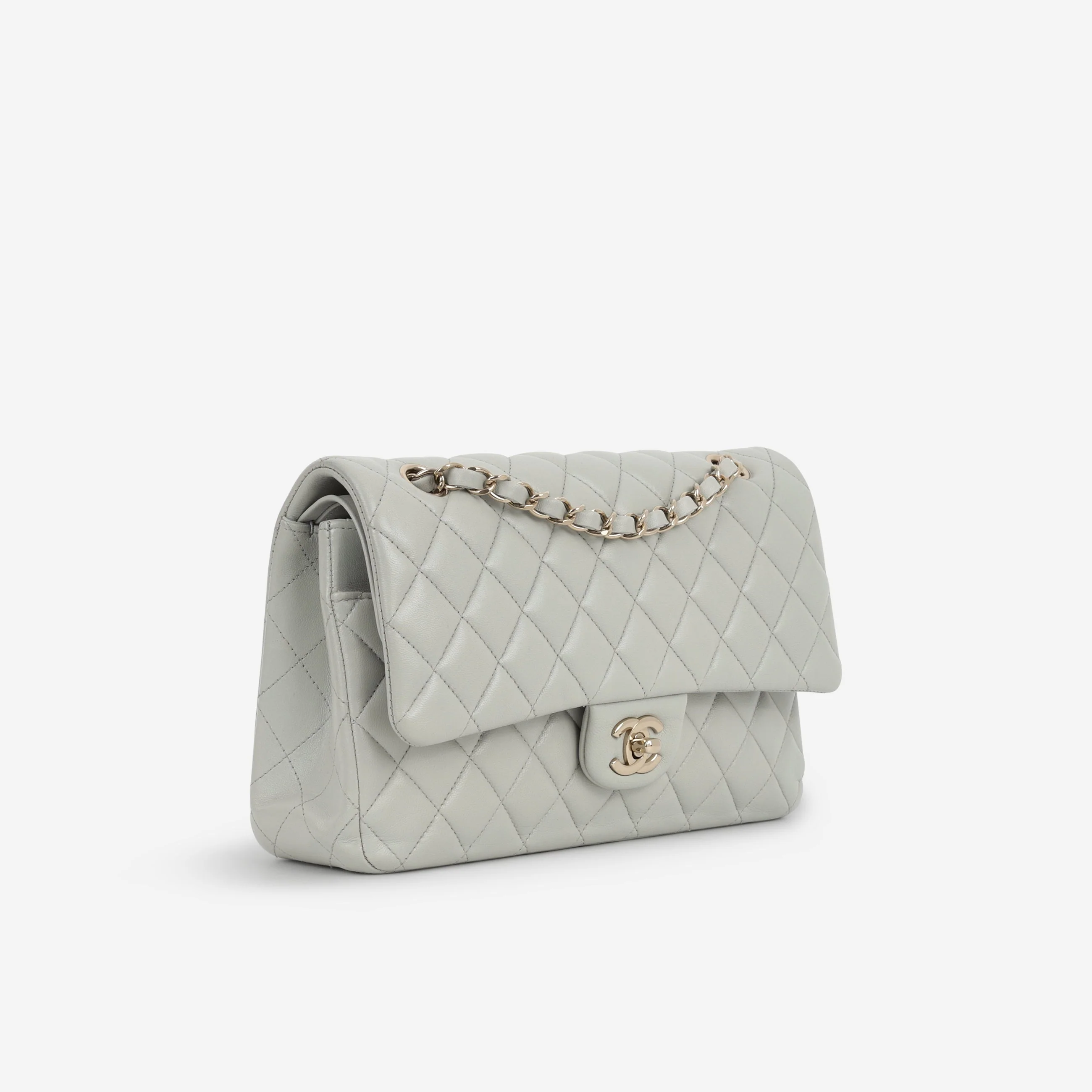 Chanel Medium Classic Flap - Light Grey Lambskin | Champagne Gold Hardware - Image 2