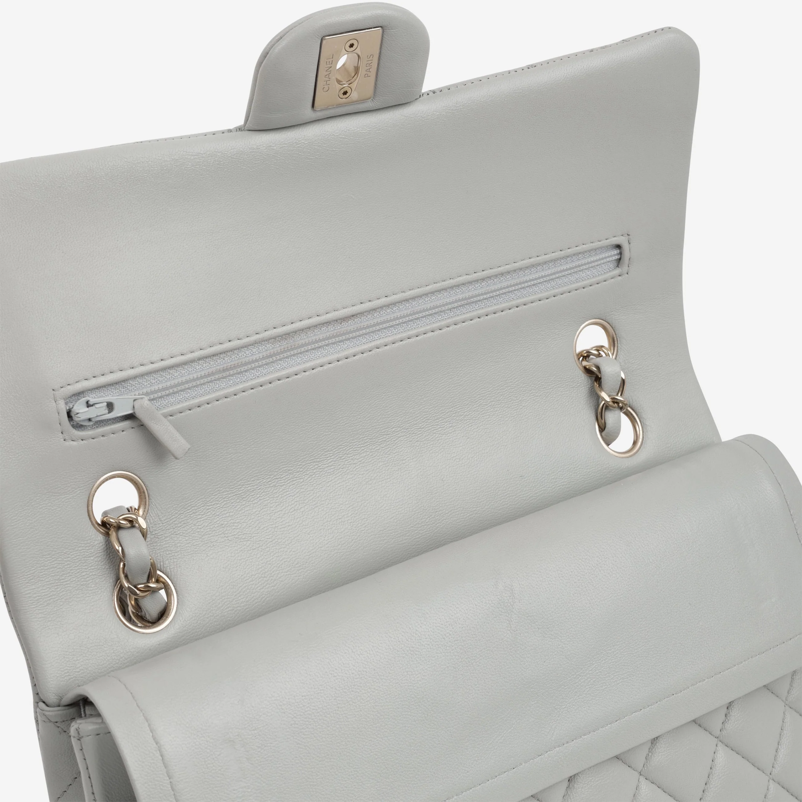 Chanel Medium Classic Flap - Light Grey Lambskin | Champagne Gold Hardware - Image 5
