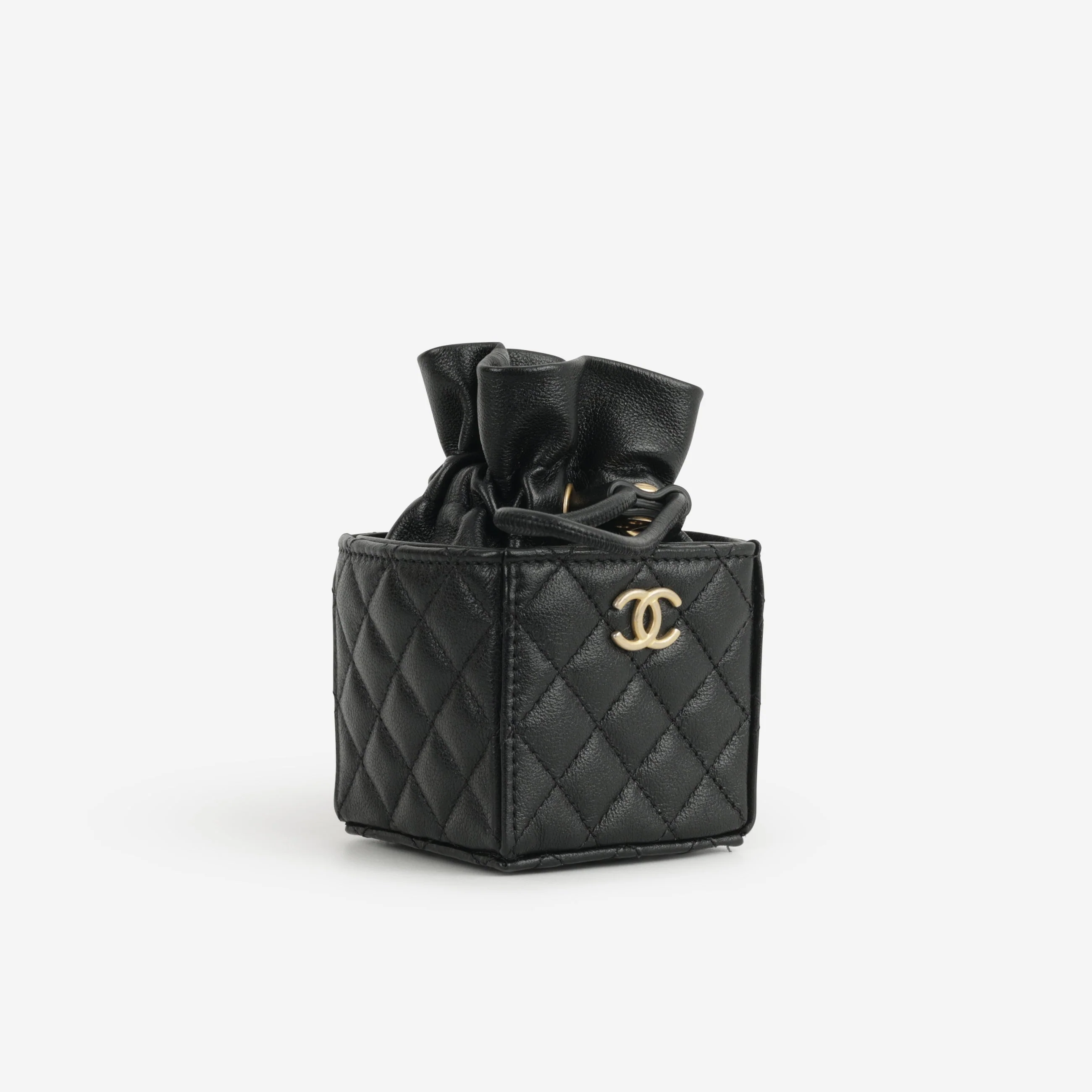 Chanel Micro Drawstring Bucket Bag - Black Lambskin | Aged Gold Hardware - Image 2
