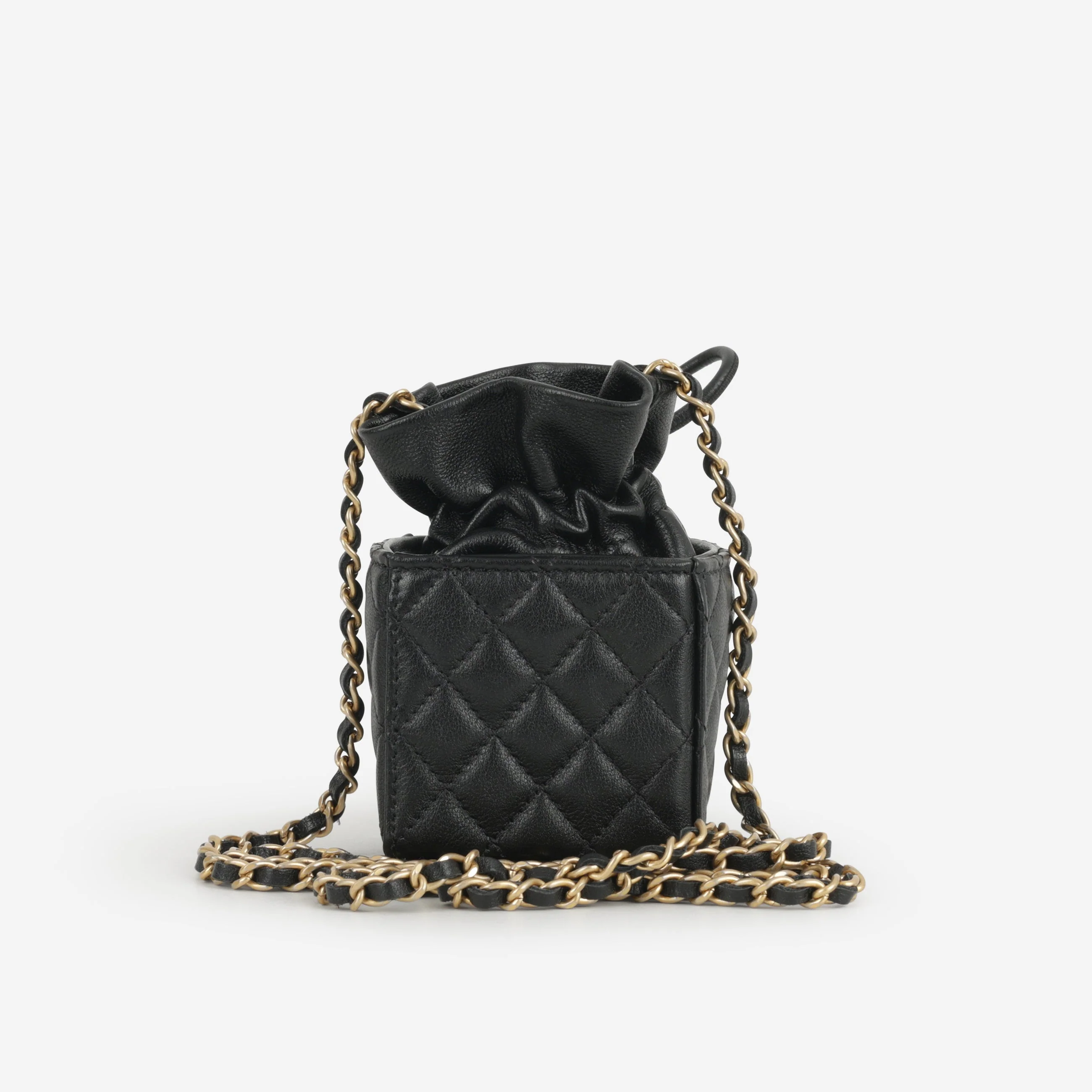 Chanel Micro Drawstring Bucket Bag - Black Lambskin | Aged Gold Hardware - Image 3