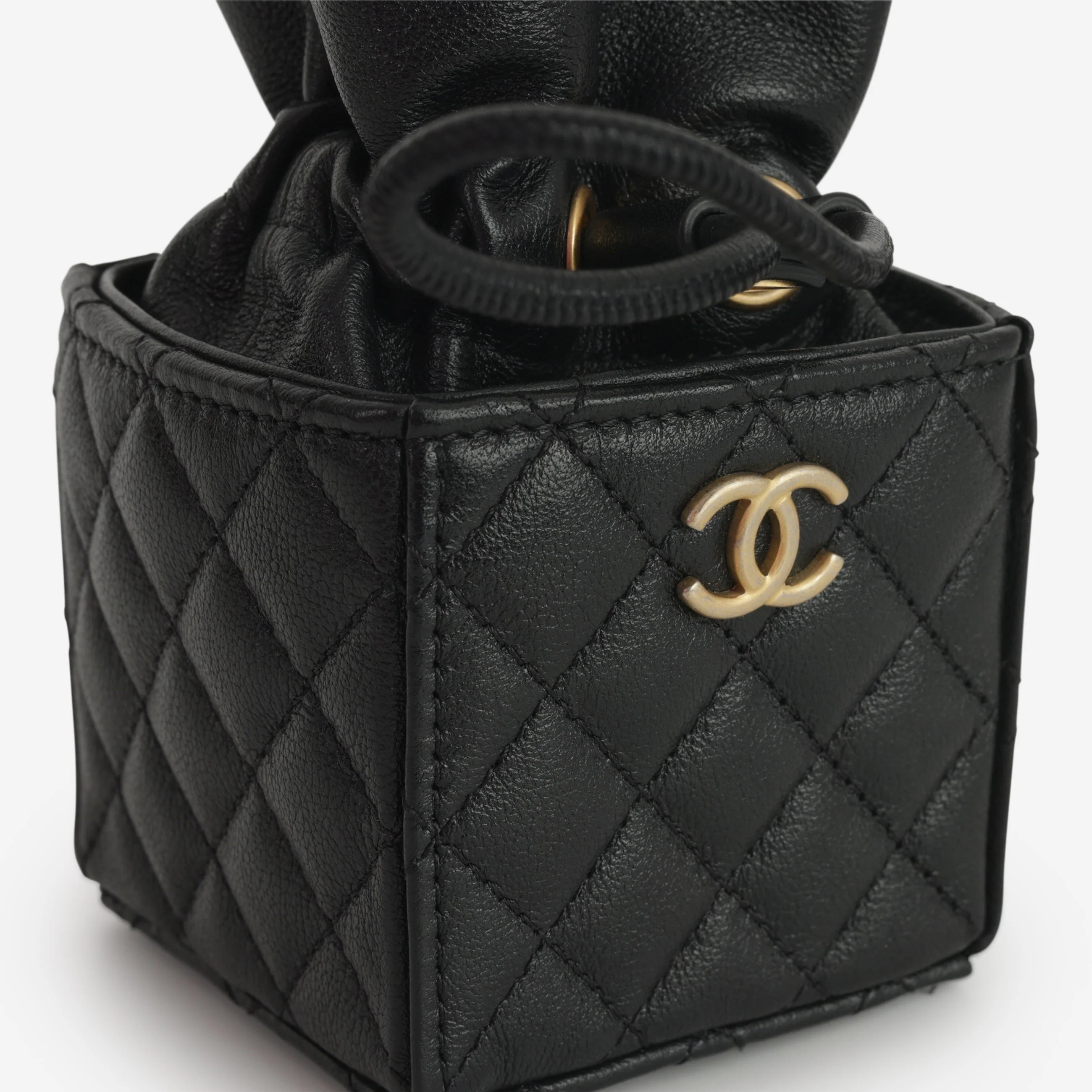 Chanel Micro Drawstring Bucket Bag - Black Lambskin | Aged Gold Hardware - Image 5