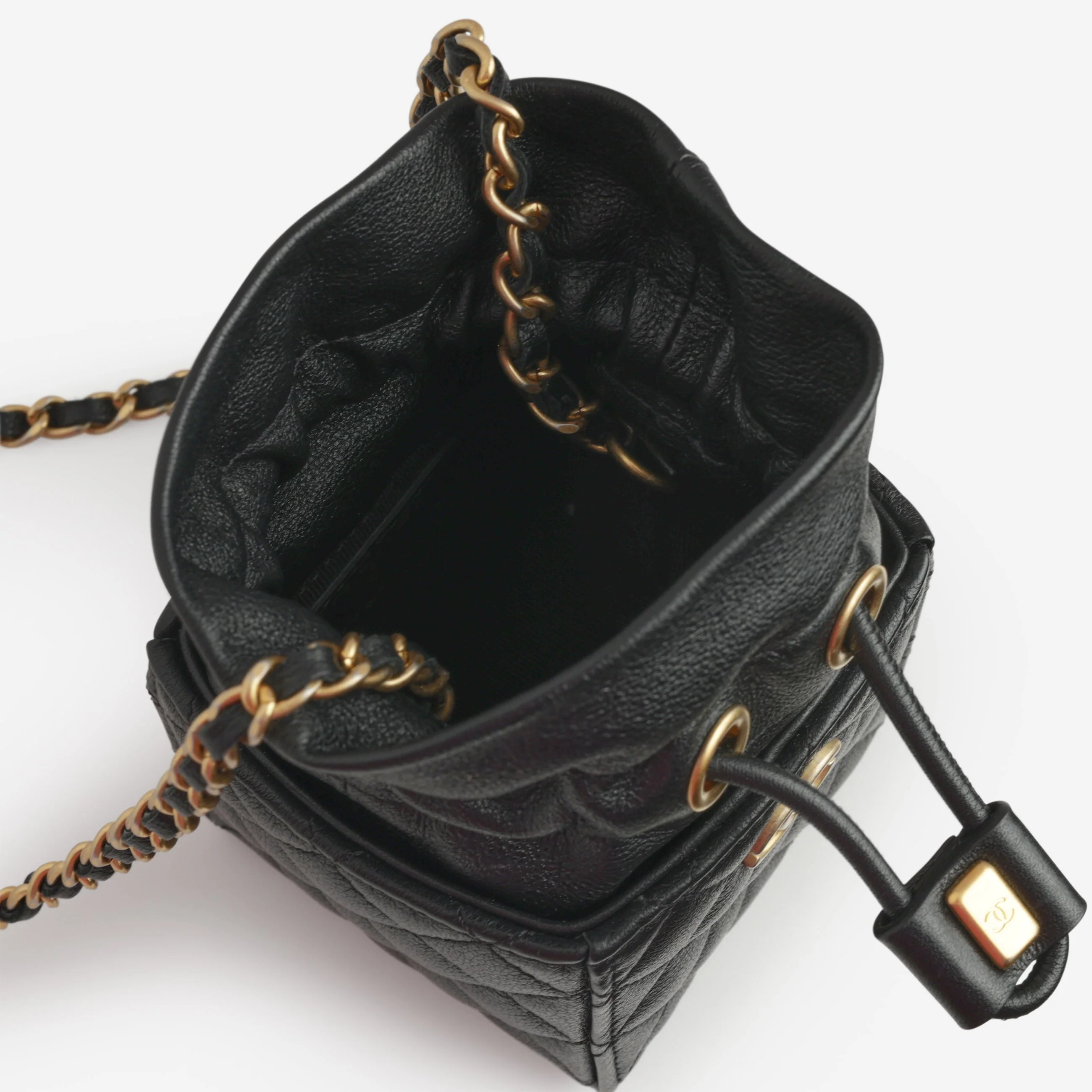 Chanel Micro Drawstring Bucket Bag - Black Lambskin | Aged Gold Hardware - Image 6