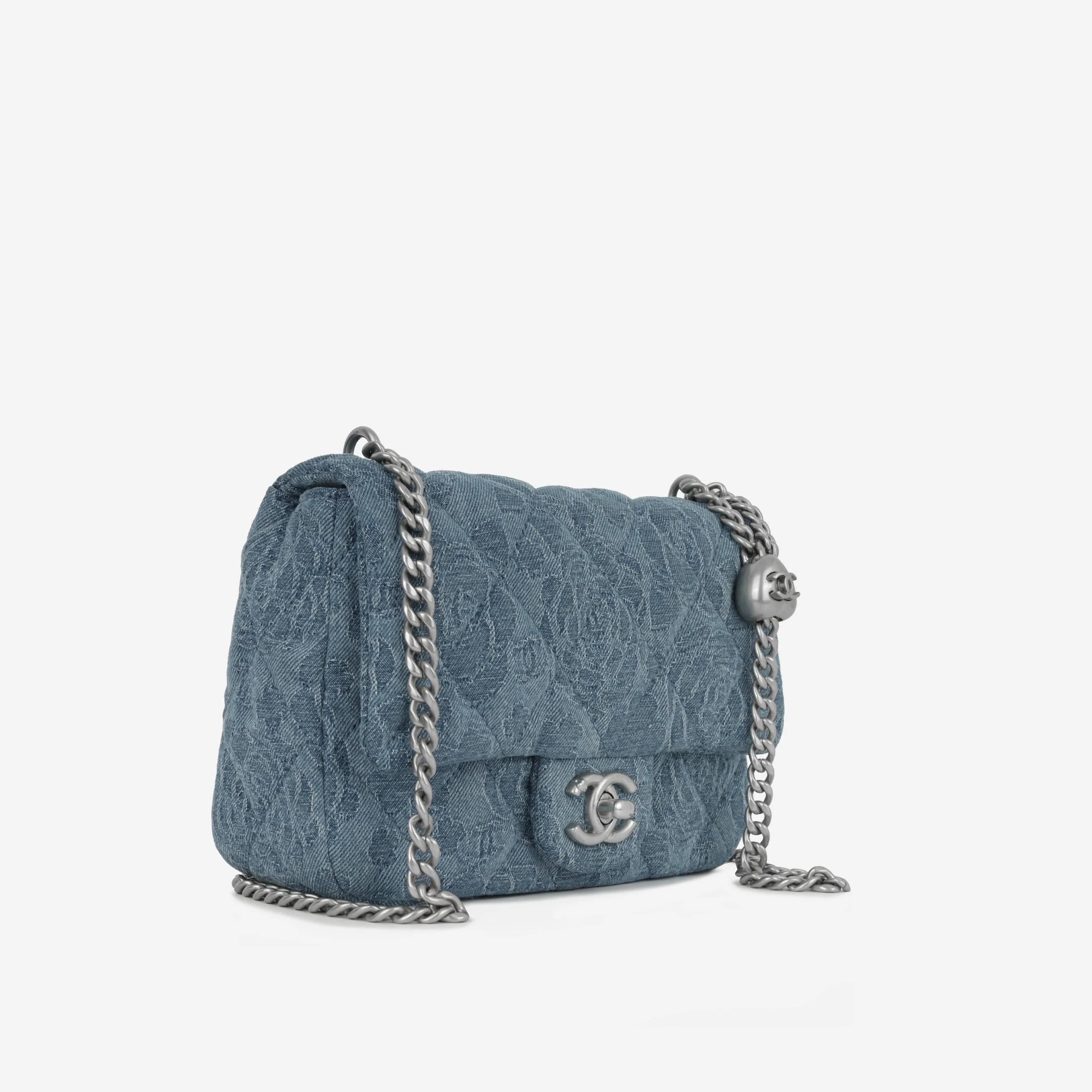 Chanel Mini Camellia Heart Crush - Blue Embroidered Denim | Silver Hardware - Image 2