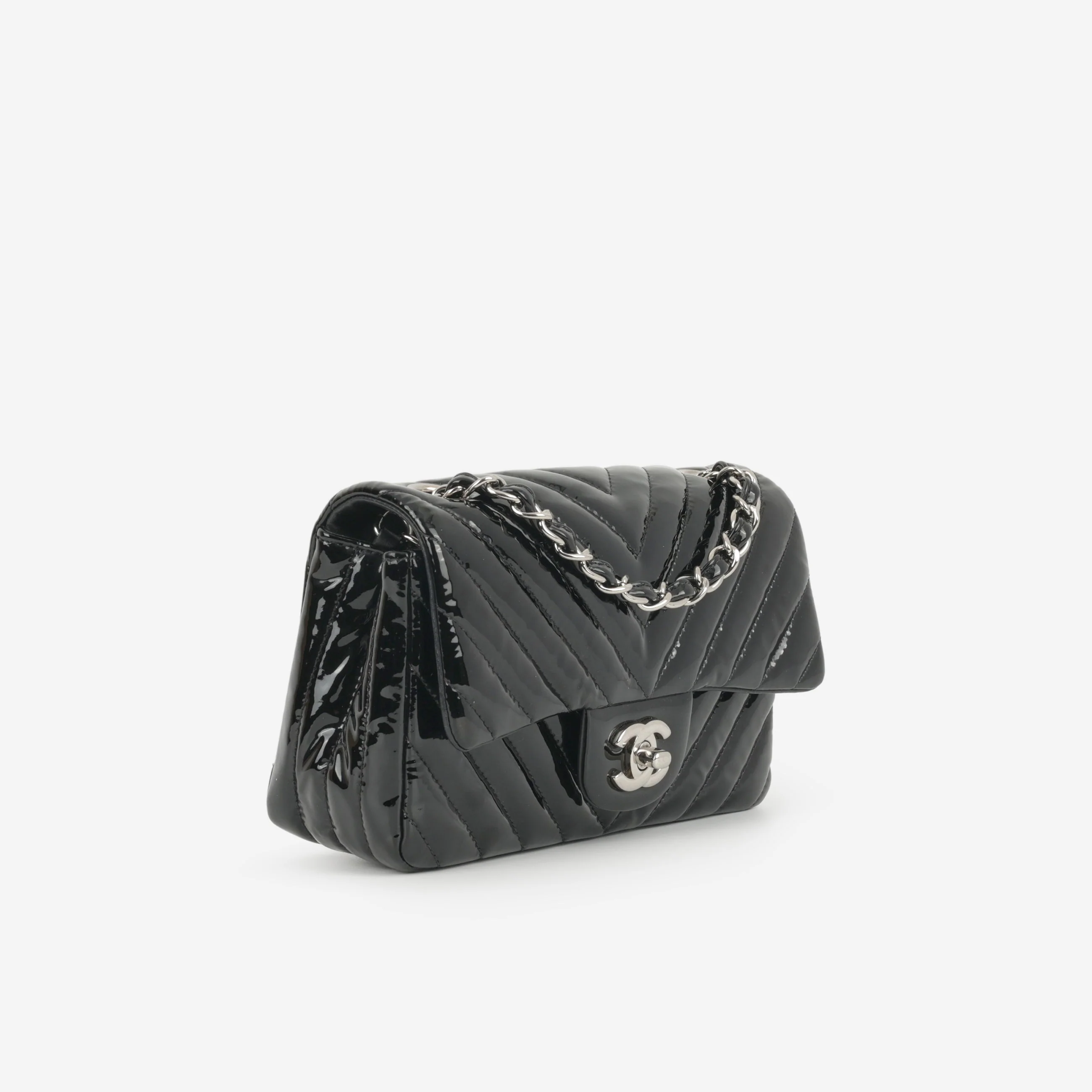 Chanel Mini Flap Rectangular - Black Chevron Patent Calfskin | Silver Hardware - Image 2
