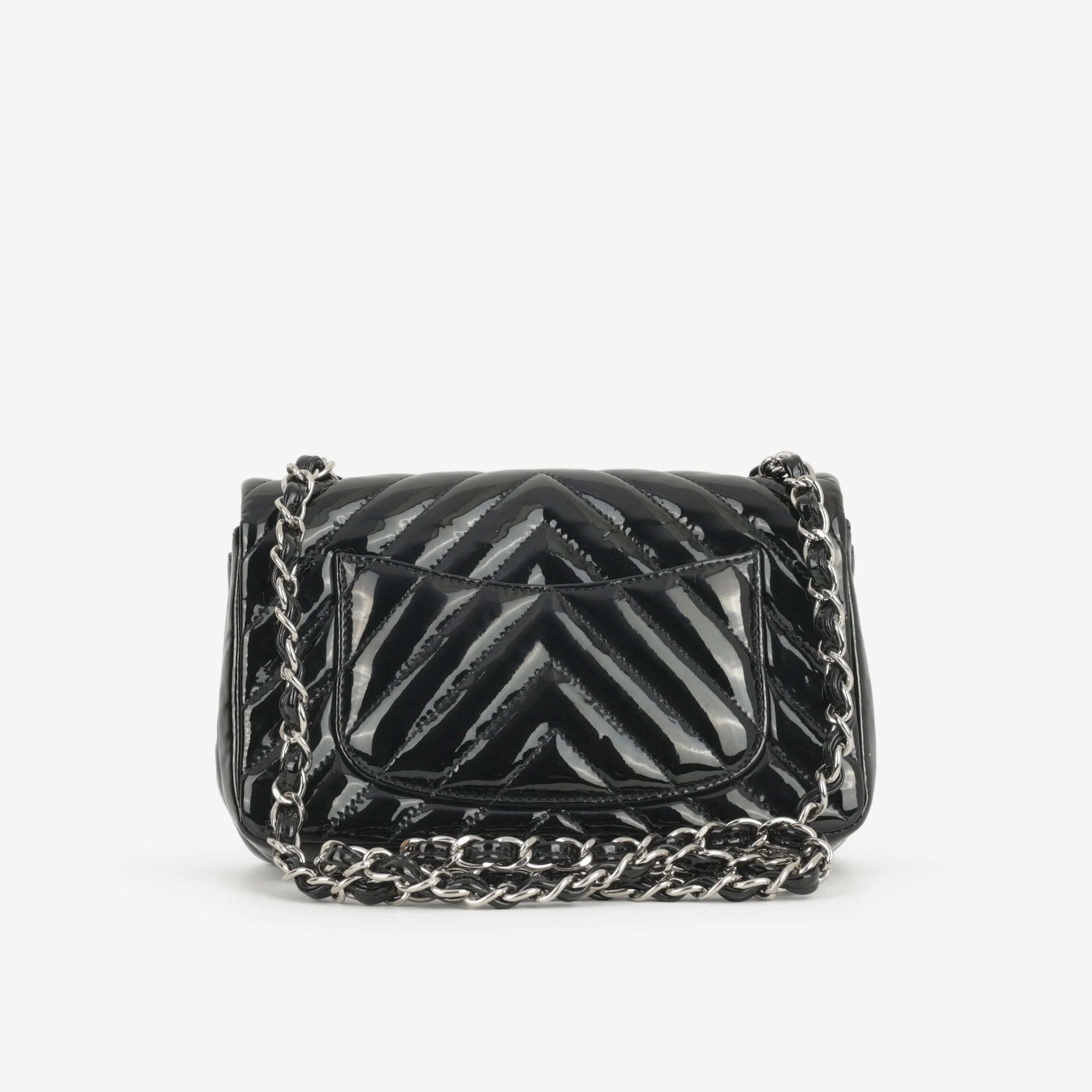 Chanel Mini Flap Rectangular - Black Chevron Patent Calfskin | Silver Hardware - Image 4