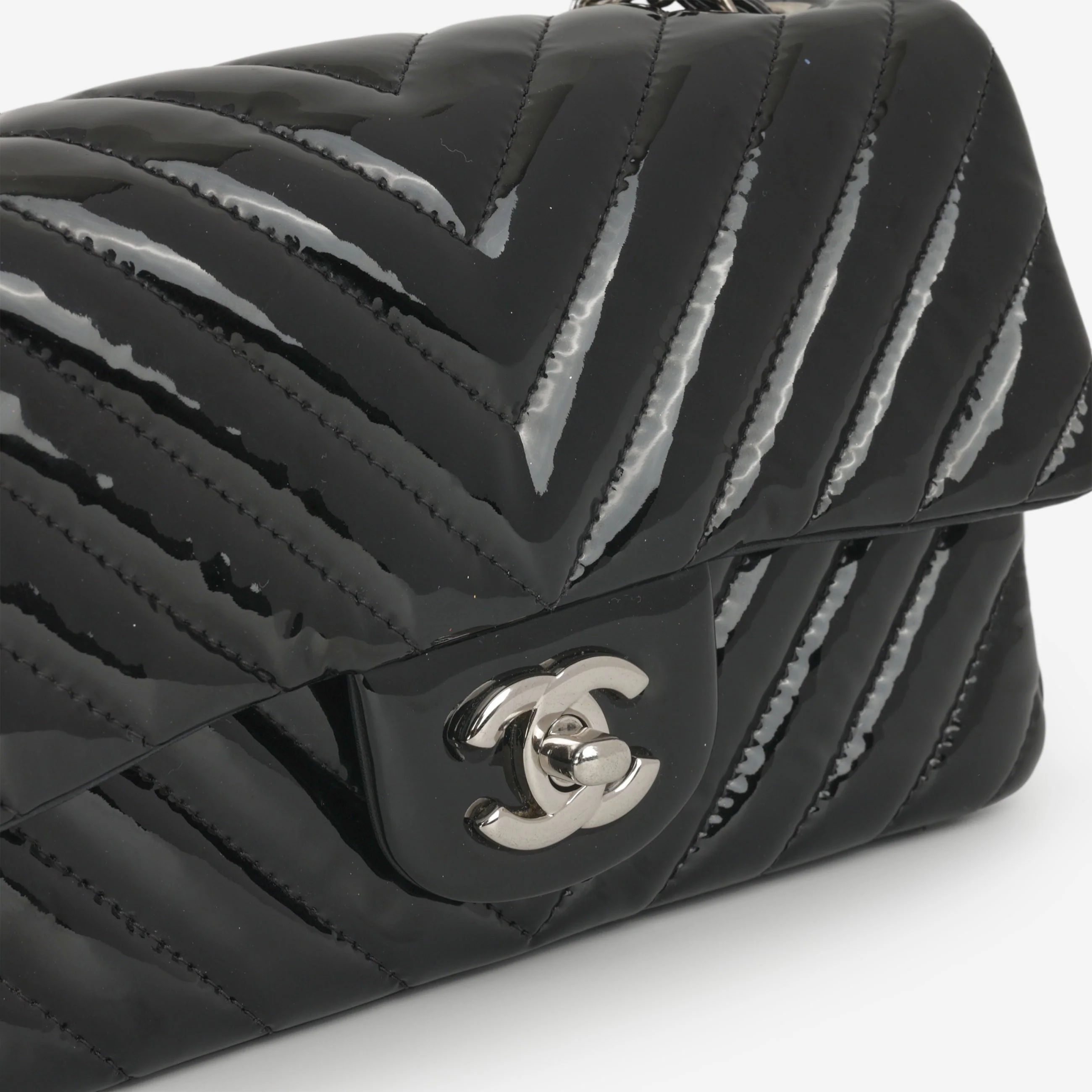 Chanel Mini Flap Rectangular - Black Chevron Patent Calfskin | Silver Hardware - Image 7
