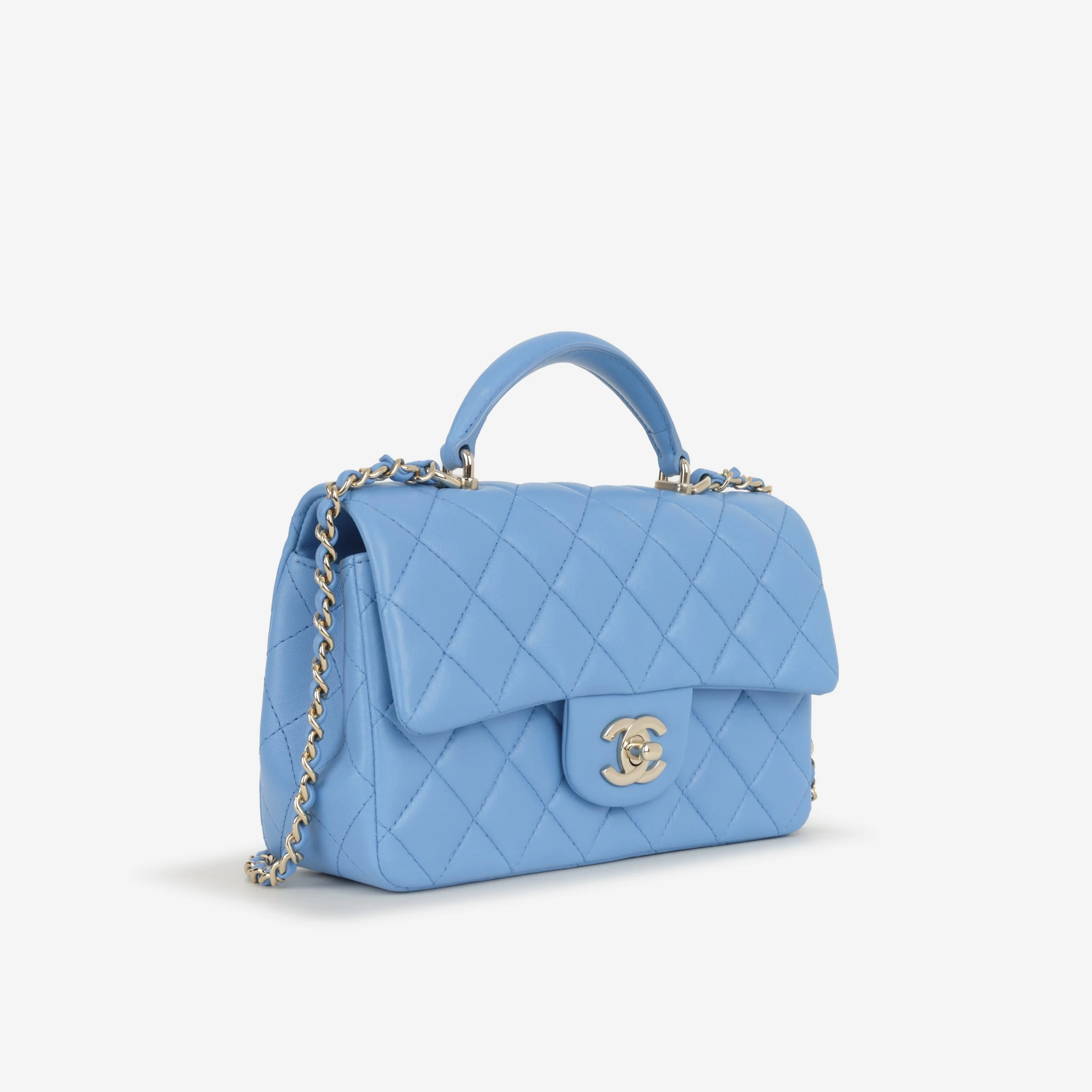Chanel Mini Top Handle Flap - Blue Lambskin  | Champagne Gold Hardware - Image 2