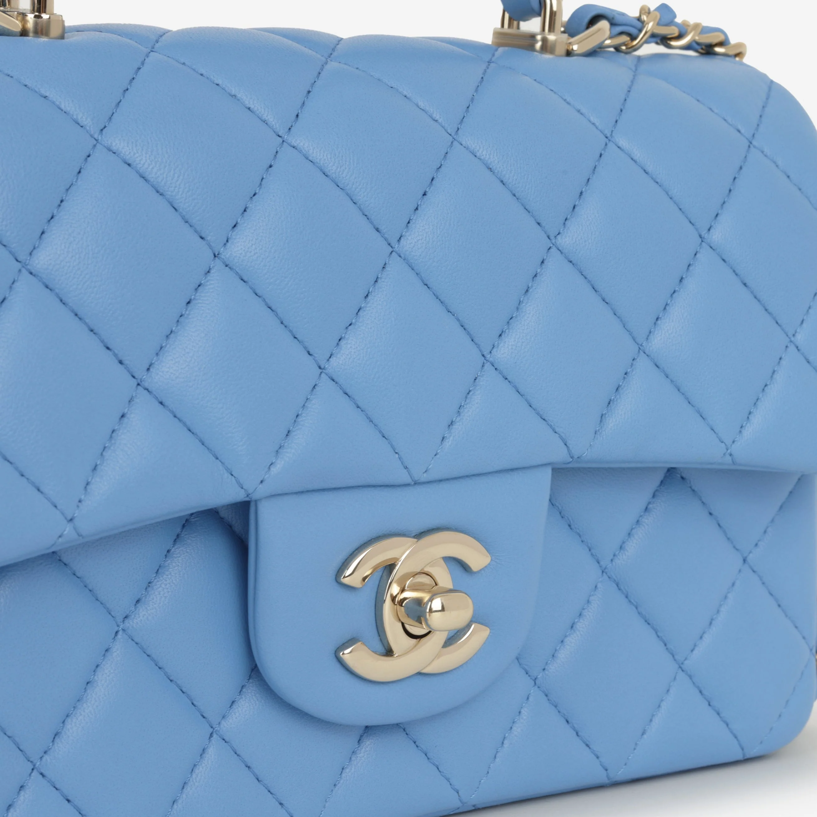 Chanel Mini Top Handle Flap - Blue Lambskin  | Champagne Gold Hardware - Image 7
