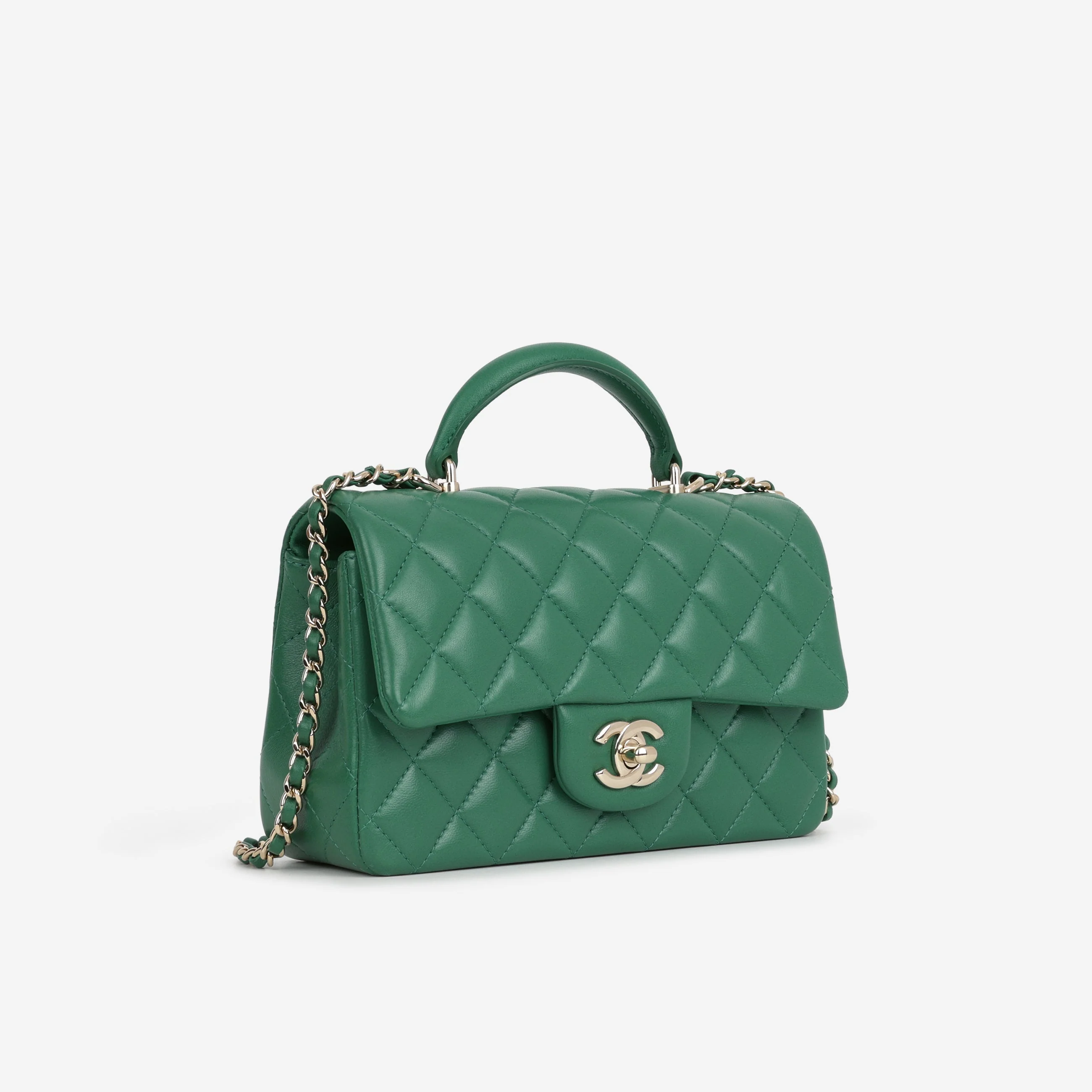 Chanel Mini Top Handle Flap - Green Lambskin  | Champagne Gold Hardware - Image 2